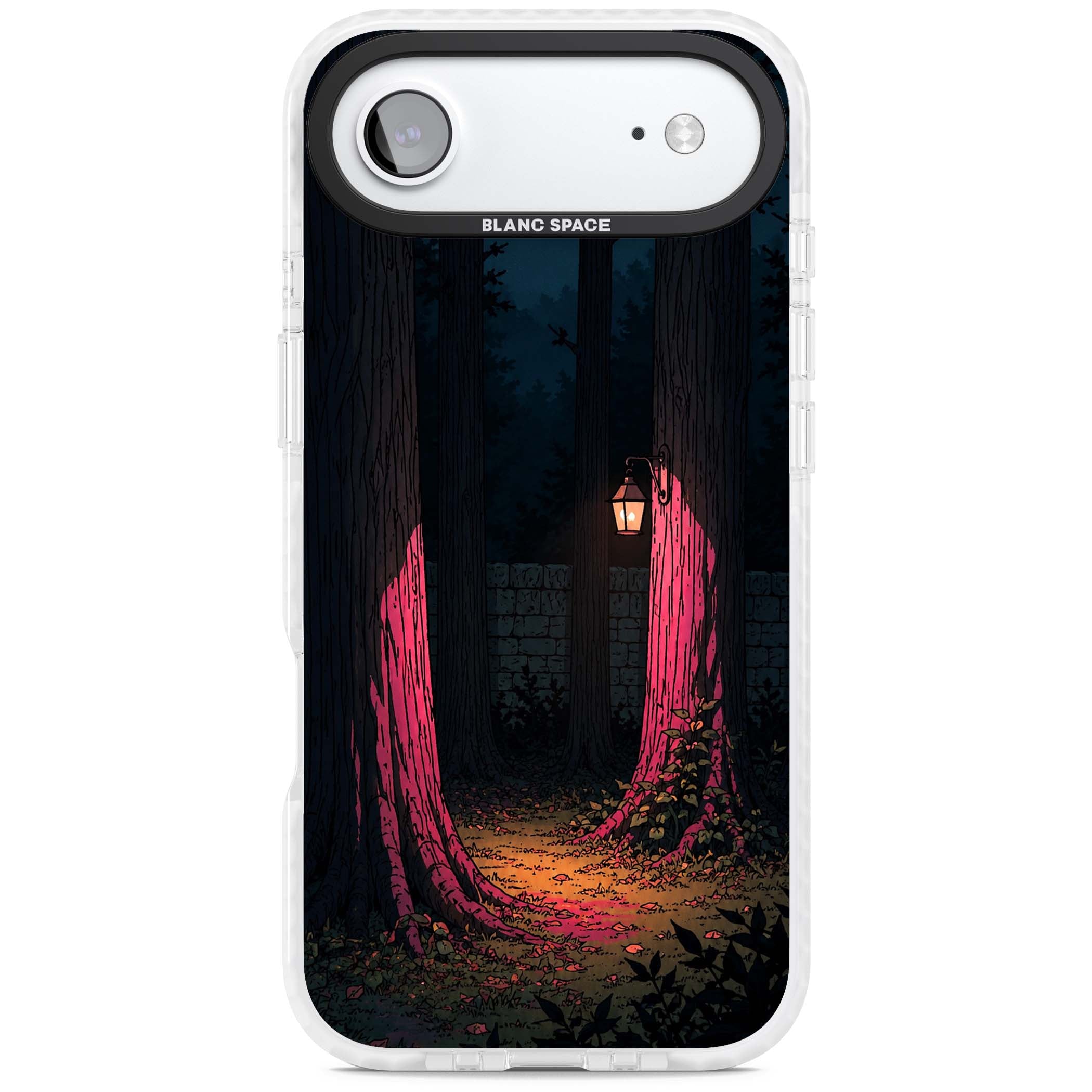 Forest Lantern dark academia iPhone case featuring a moonlit forest, glowing lantern, and stone wall pathway | Black Impact case for iPhone Air