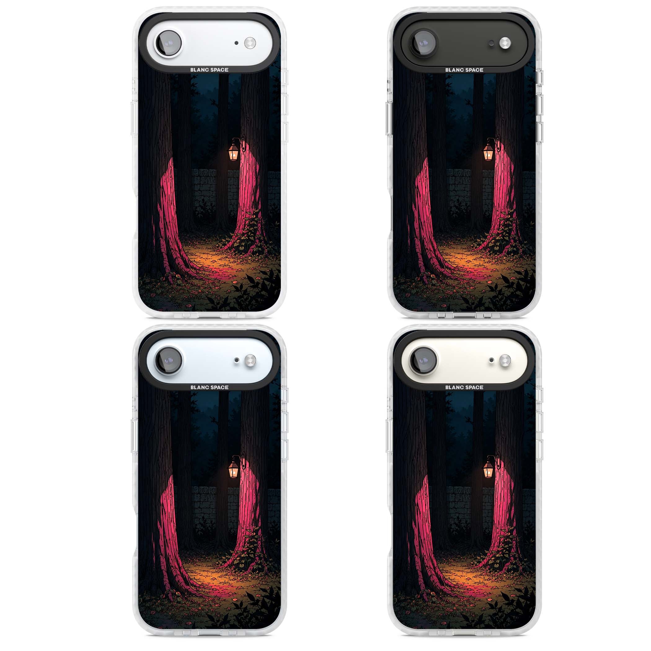 Forest Lantern dark academia iPhone case featuring a moonlit forest, glowing lantern, and stone wall pathway | Black Impact case for iPhone Air