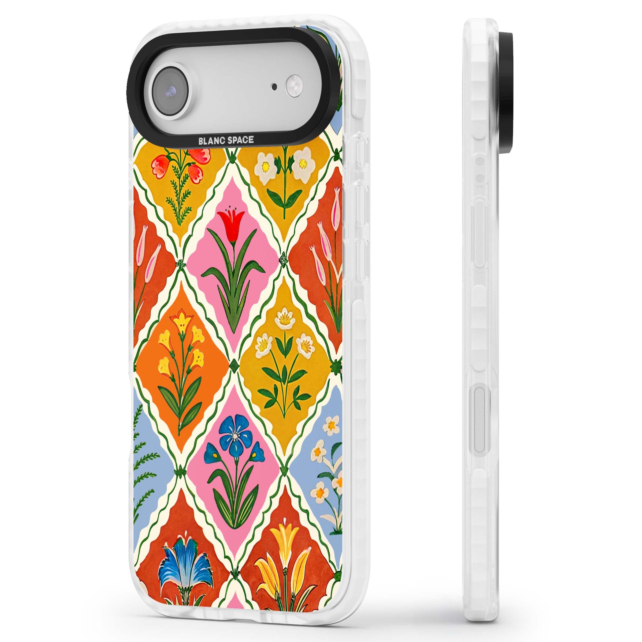 Floral Quilt boho floral iPhone case featuring diamond lattice pattern, hand-painted tulips and folk art wildflowers | Black Impact case for iPhone Air