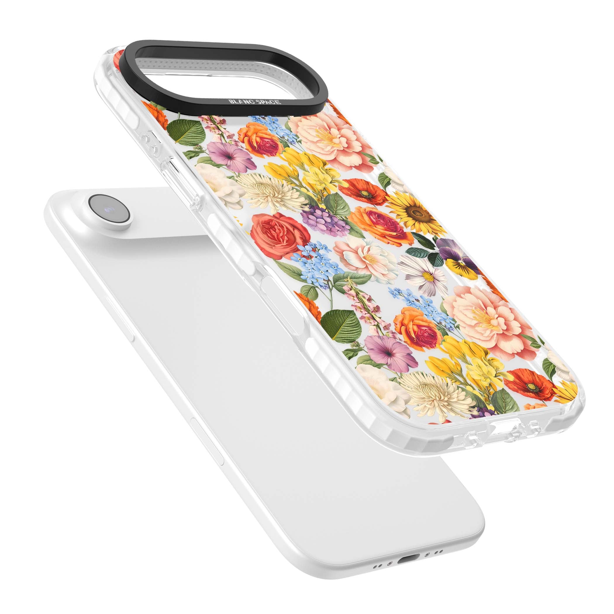 Bloom Basket floral iPhone case featuring cottage garden flowers including peonies, sunflowers, and wildflowers in pastel col | Black Impact case for iPhone Air