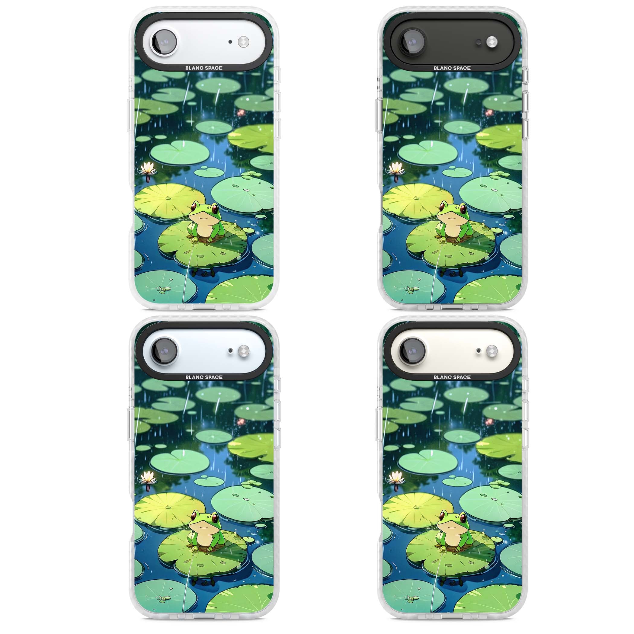 Frog In Lily Pond cottagecore iPhone case featuring a cute green frog on a lily pad with falling rain and a lotus flower | Black Impact case for iPhone Air