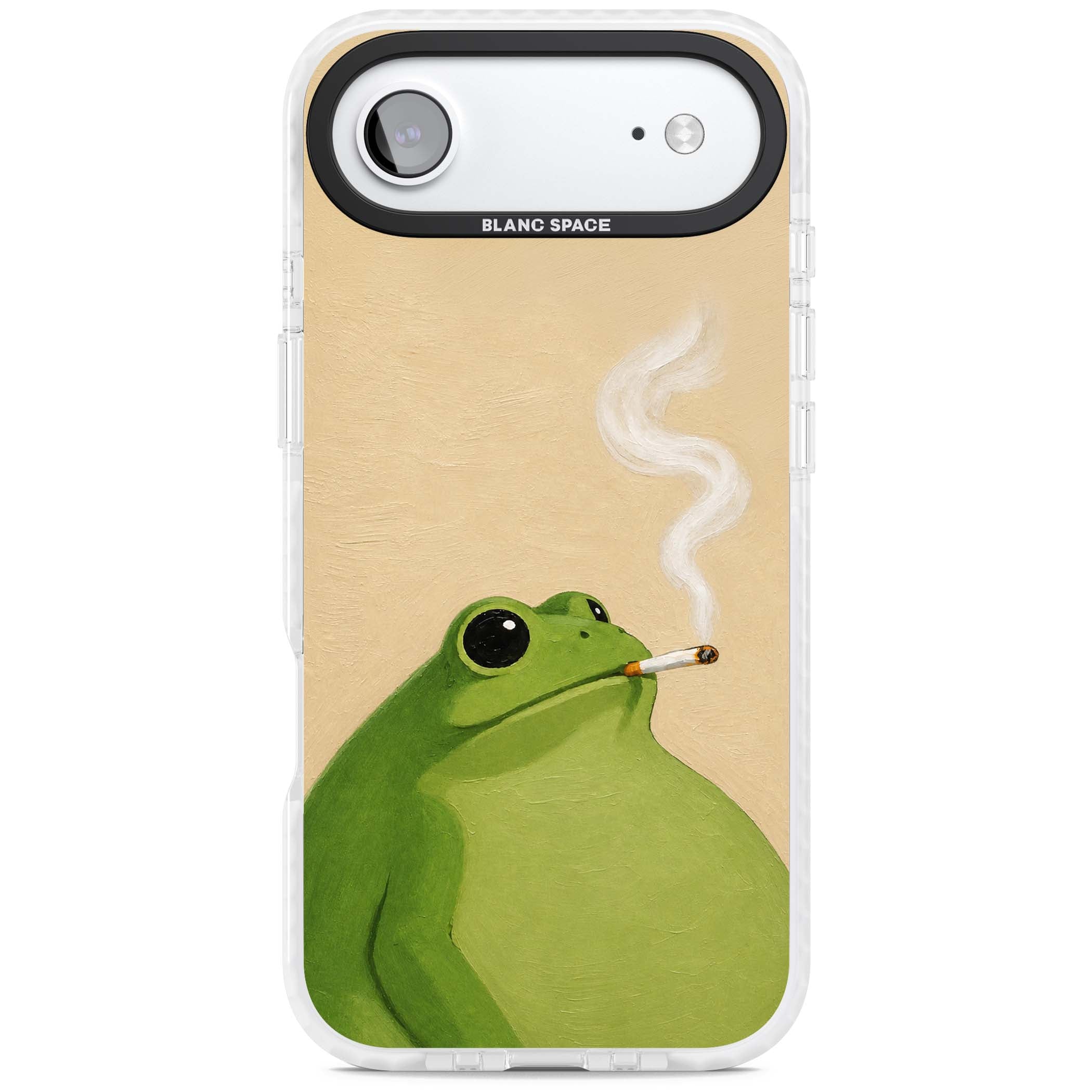 The Smoking Frog cottagecore iPhone case featuring a hand-painted green frog smoking a cigarette on a cream oil painting back | Black Impact case for iPhone Air