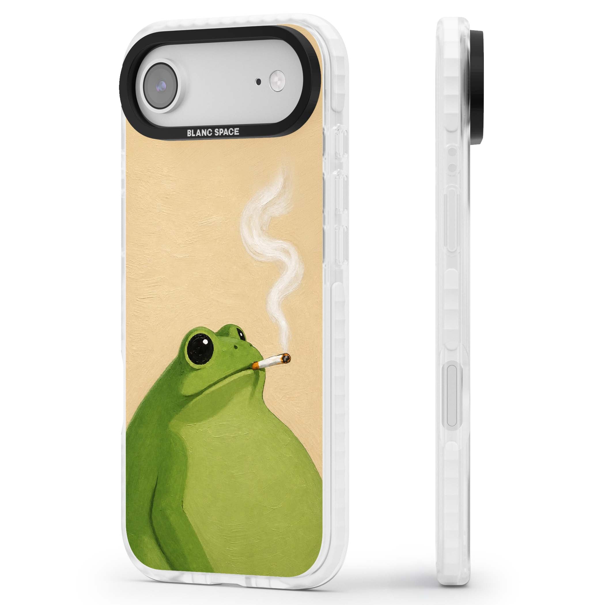 The Smoking Frog cottagecore iPhone case featuring a hand-painted green frog smoking a cigarette on a cream oil painting back | Black Impact case for iPhone Air