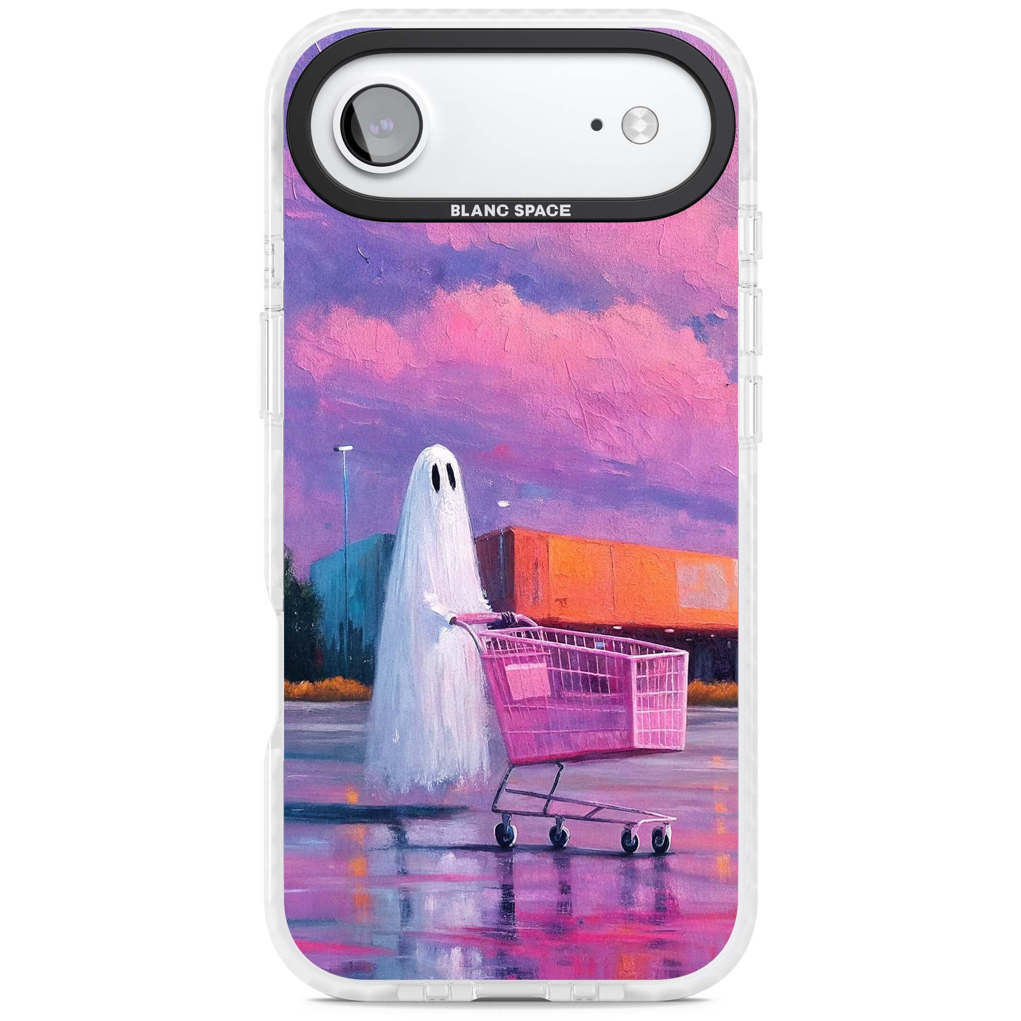 A Ghost's Errand ghost halloween iPhone case featuring a painted ghost, pink shopping trolley and purple sunset sky | Black Impact case for iPhone Air