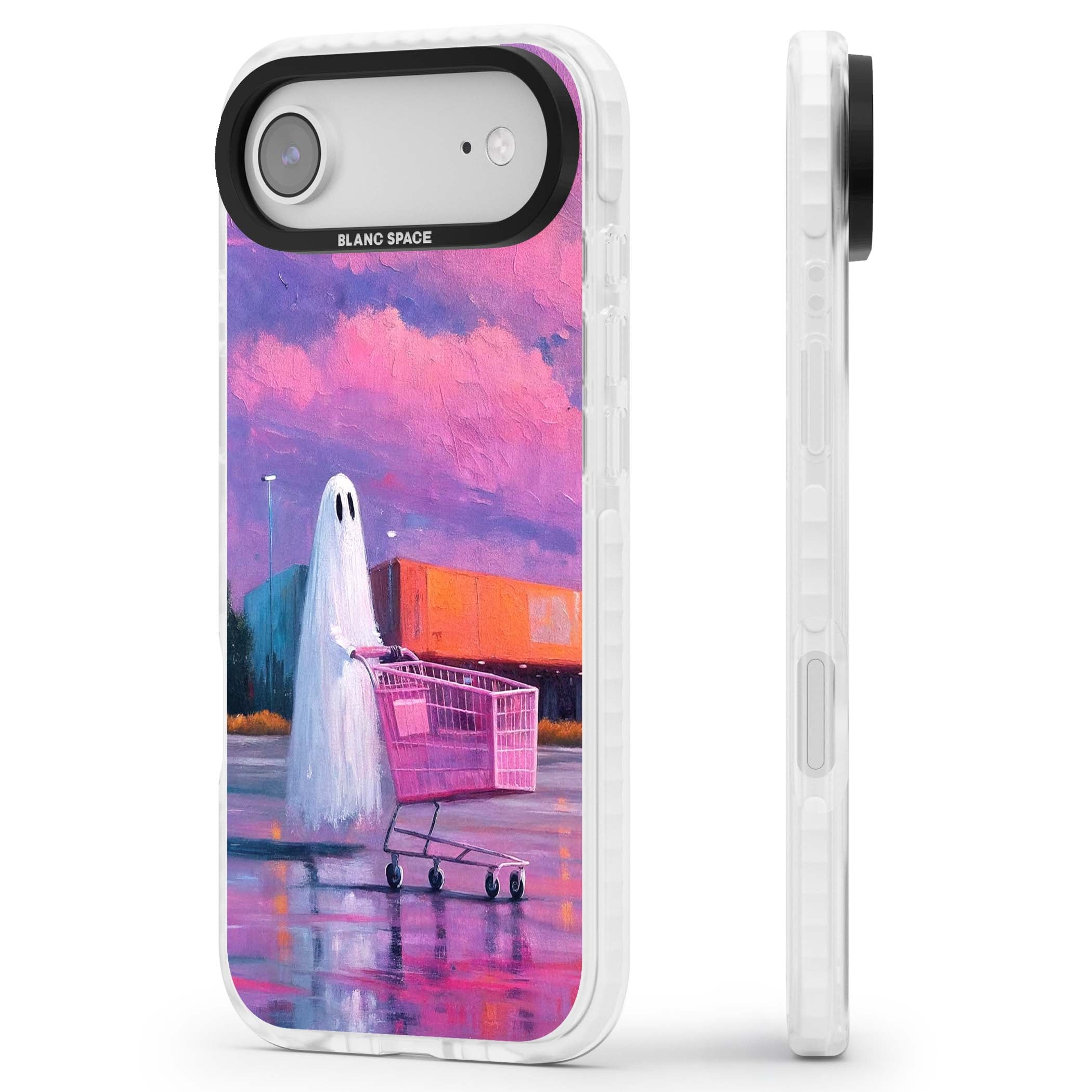 A Ghost's Errand ghost halloween iPhone case featuring a painted ghost, pink shopping trolley and purple sunset sky | Black Impact case for iPhone Air