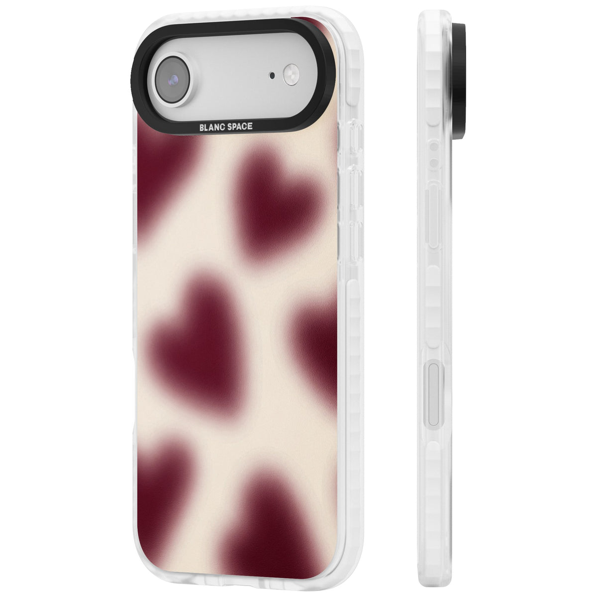 Velvet Hearts coquette iPhone case featuring blurry burgundy aura hearts on a soft cream background iPhone Air / iPhone 17 Air Impact Clear Phone Case side