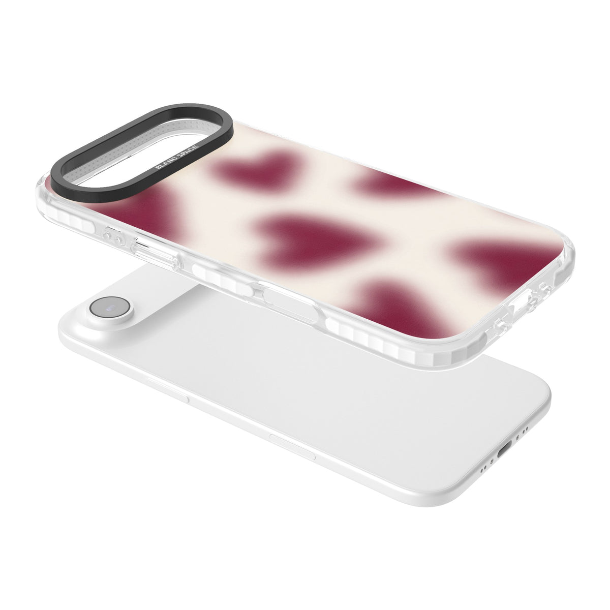 Velvet Hearts coquette iPhone case featuring blurry burgundy aura hearts on a soft cream background iPhone Air / iPhone 17 Air Impact Clear Phone Case angled
