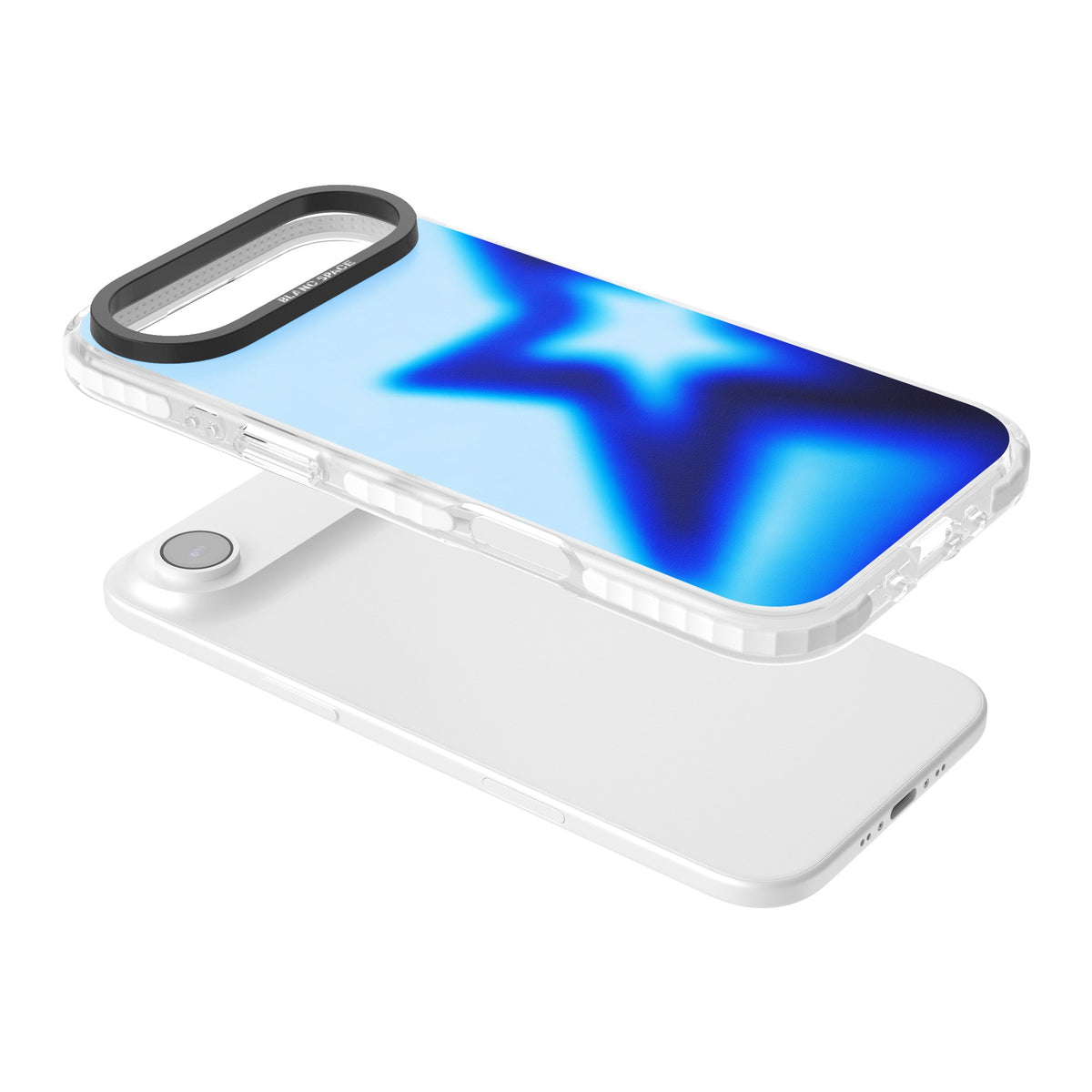 Electric Y2K iPhone case featuring a blurred blue aura star, deep cobalt glow and soft sky-blue gradient iPhone Air / iPhone 17 Air Impact Clear Phone Case angled