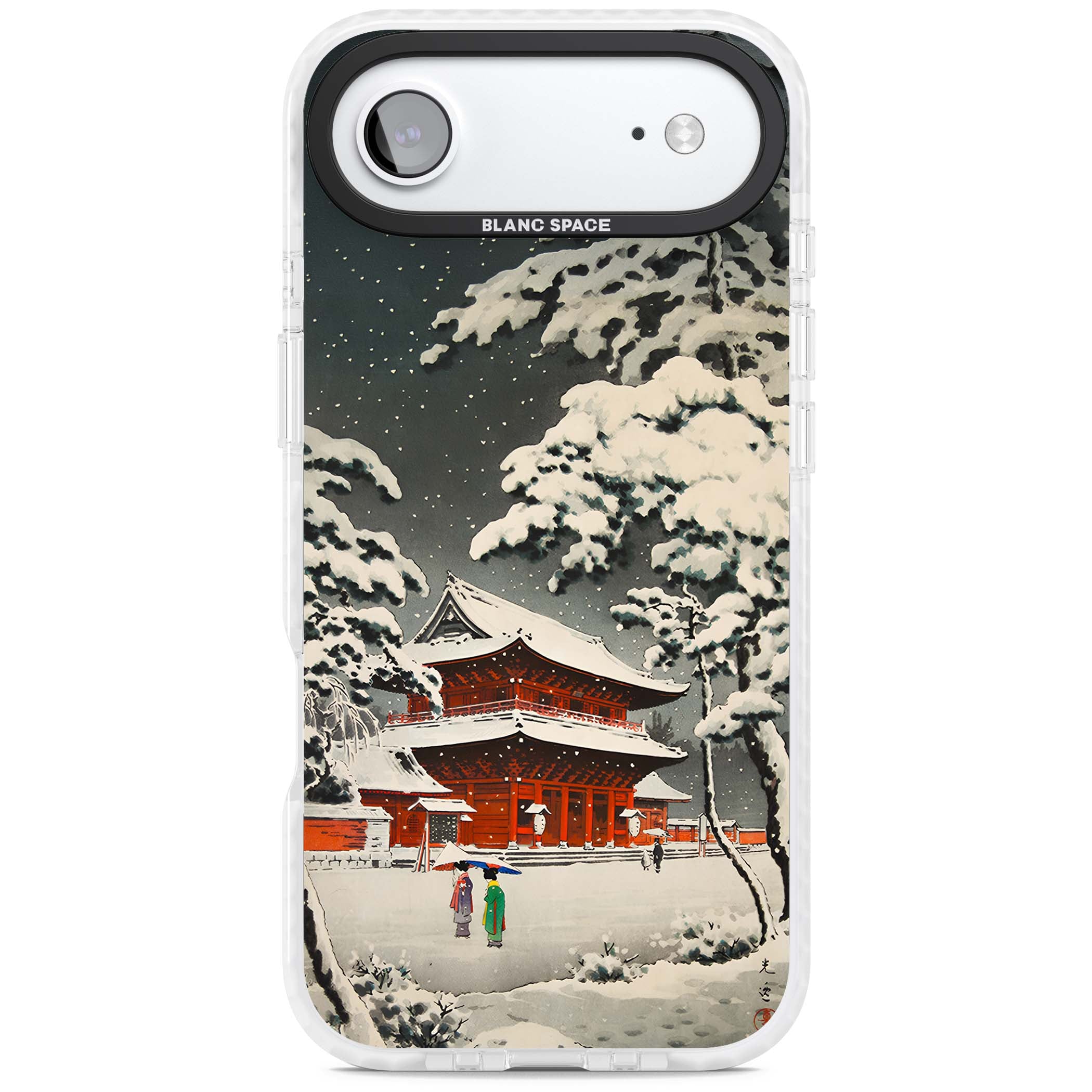 Snow at Shiha Park, Tokyo Japanese art iPhone case featuring a vintage ukiyo-e snowy temple, red pagoda, and snow-covered pin | Black Impact case for iPhone Air