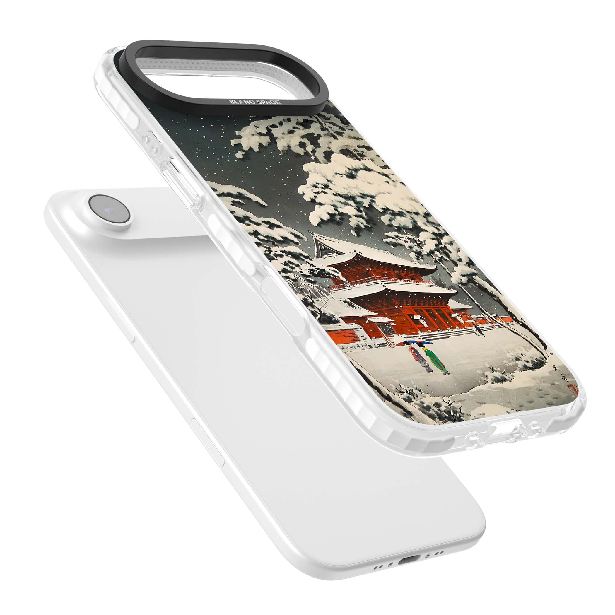 Snow at Shiha Park, Tokyo Japanese art iPhone case featuring a vintage ukiyo-e snowy temple, red pagoda, and snow-covered pin | Black Impact case for iPhone Air