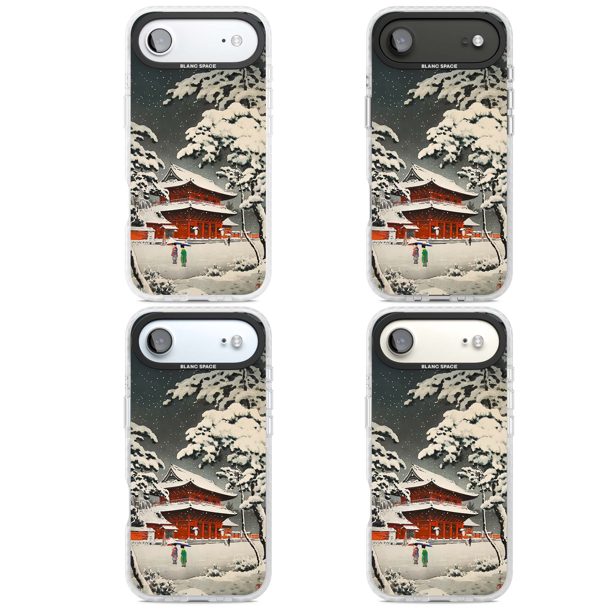 Snow at Shiha Park, Tokyo Japanese art iPhone case featuring a vintage ukiyo-e snowy temple, red pagoda, and snow-covered pin | Black Impact case for iPhone Air