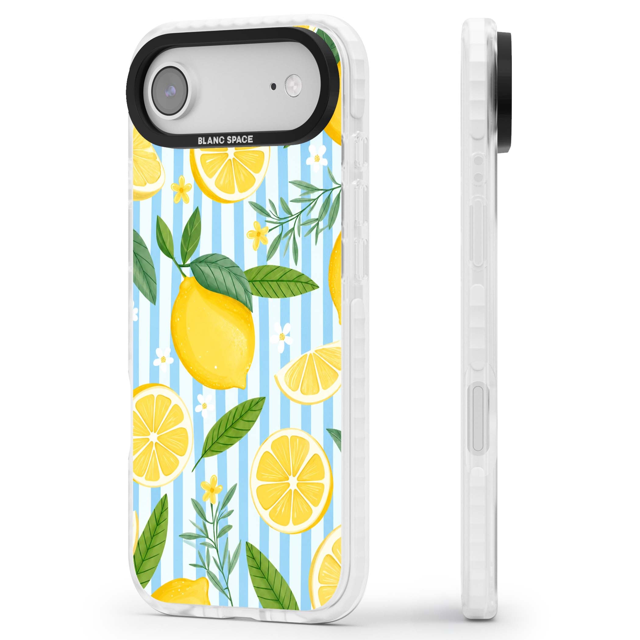 Capri Citrus Stripe coastal iPhone case featuring yellow lemons, blue stripes, and white daisy blossoms | Black Impact case for iPhone Air