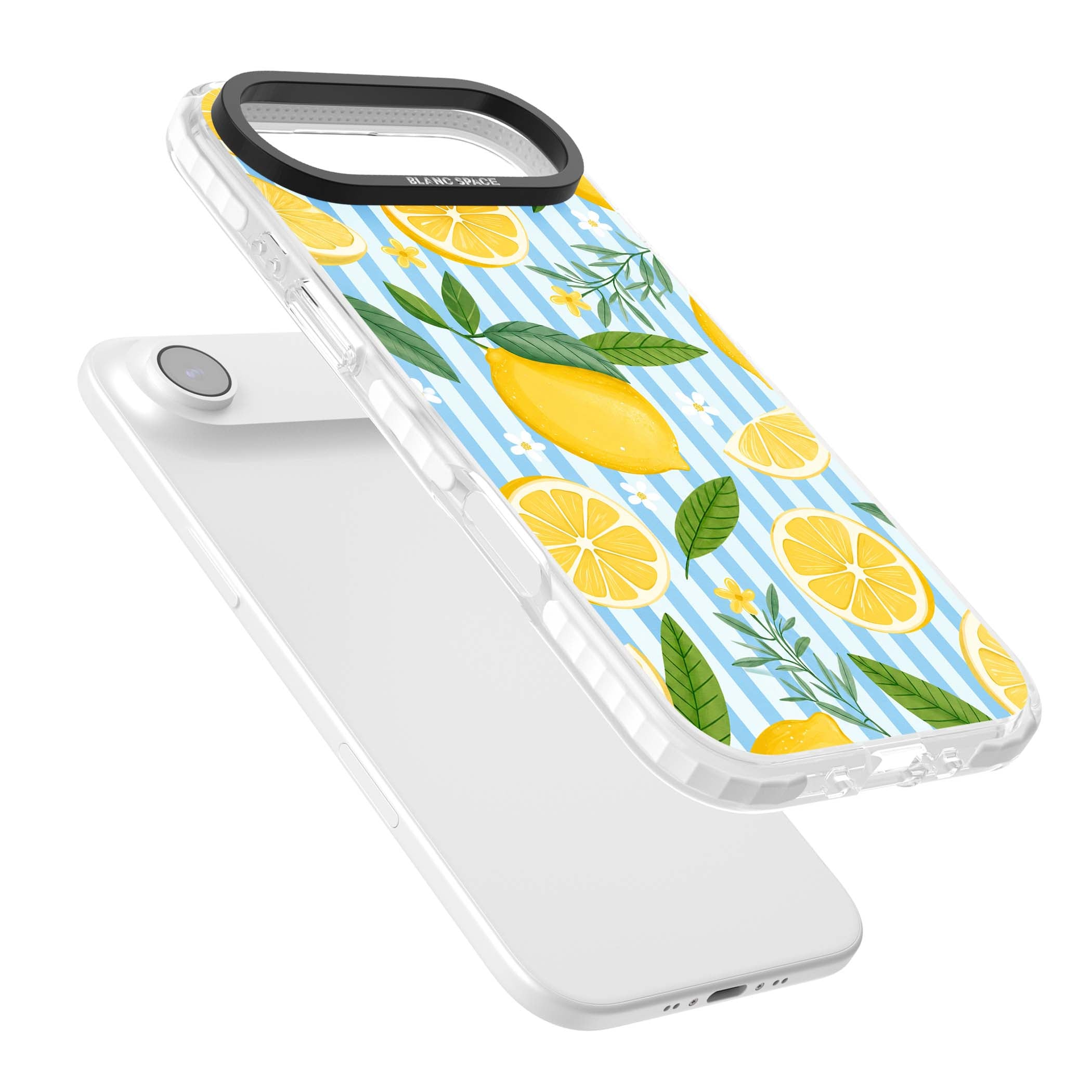Capri Citrus Stripe coastal iPhone case featuring yellow lemons, blue stripes, and white daisy blossoms | Black Impact case for iPhone Air