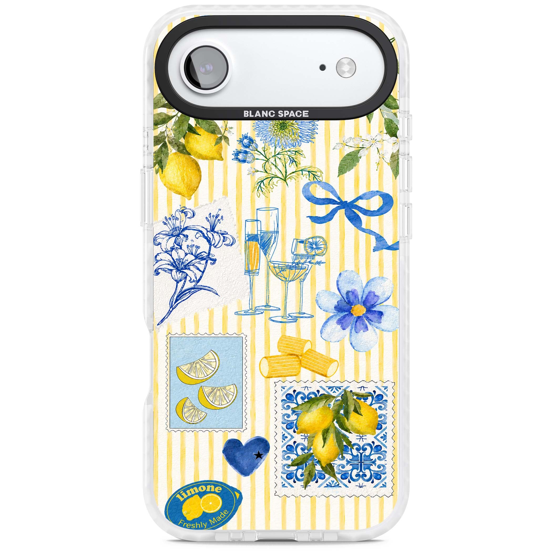 Limone Riviera Italian summer iPhone case featuring watercolour lemons, blue ribbon bows and majolica tile stamps on... | Black Impact case for iPhone Air
