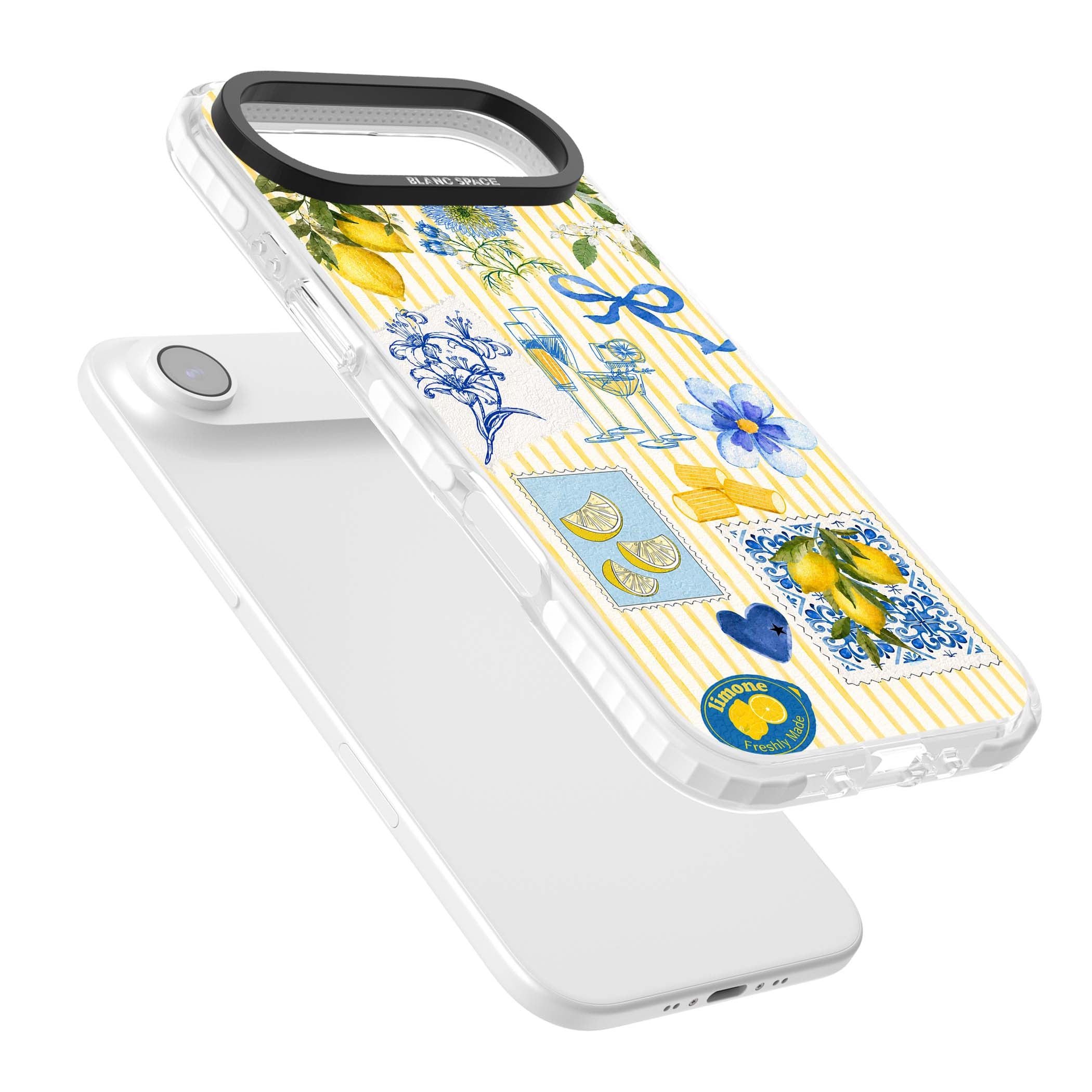 Limone Riviera Italian summer iPhone case featuring watercolour lemons, blue ribbon bows and majolica tile stamps on... | Black Impact case for iPhone Air