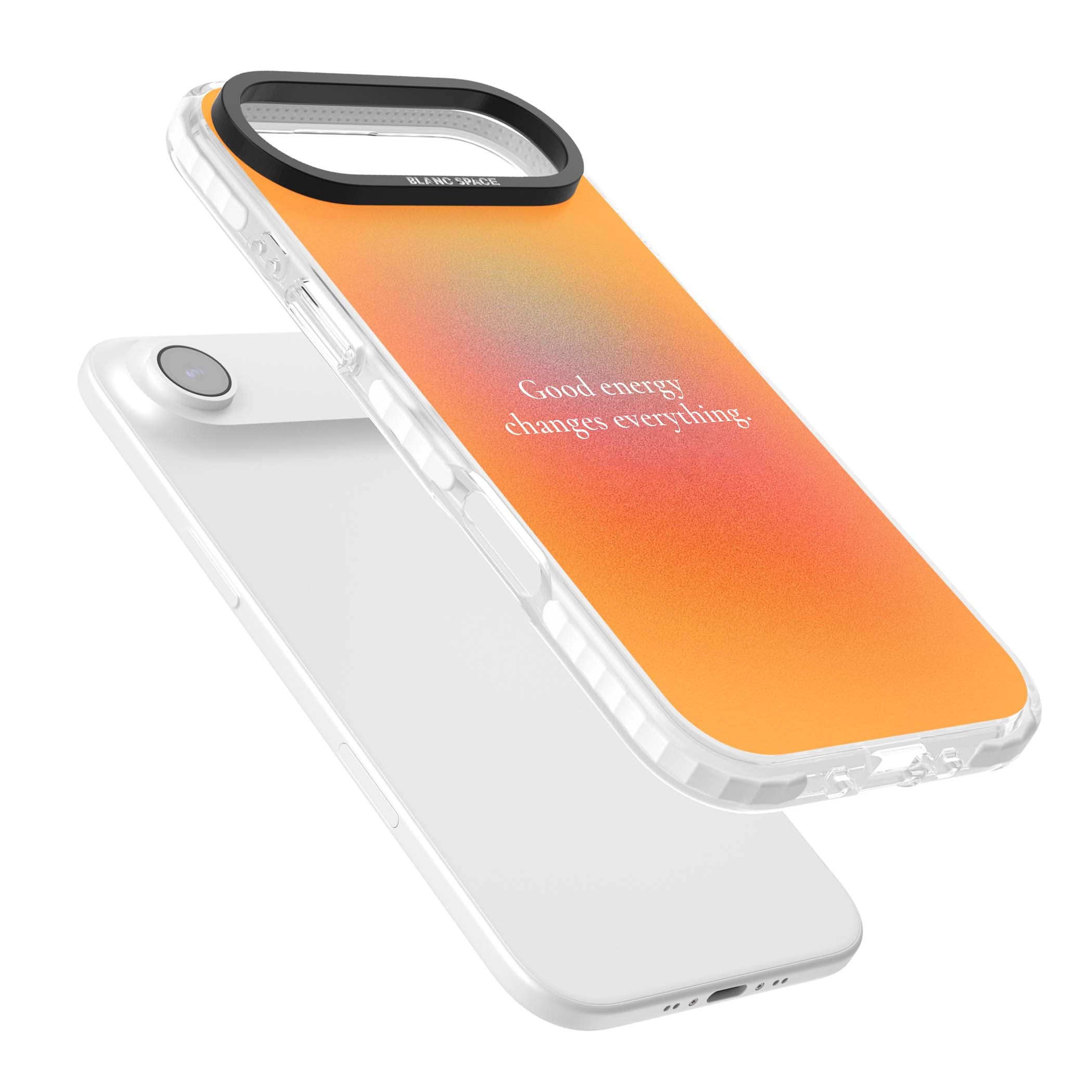 Good Energy quote iPhone case featuring an orange and pink aura gradient with white serif affirmation text | Impact Magsafe case for iPhone Air