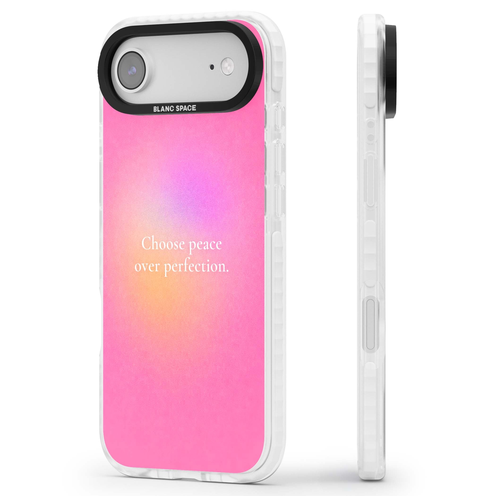 Peace Over Perfection quote iPhone case featuring a dreamy pink aura gradient and delicate white affirmation text | Impact Magsafe case for iPhone Air