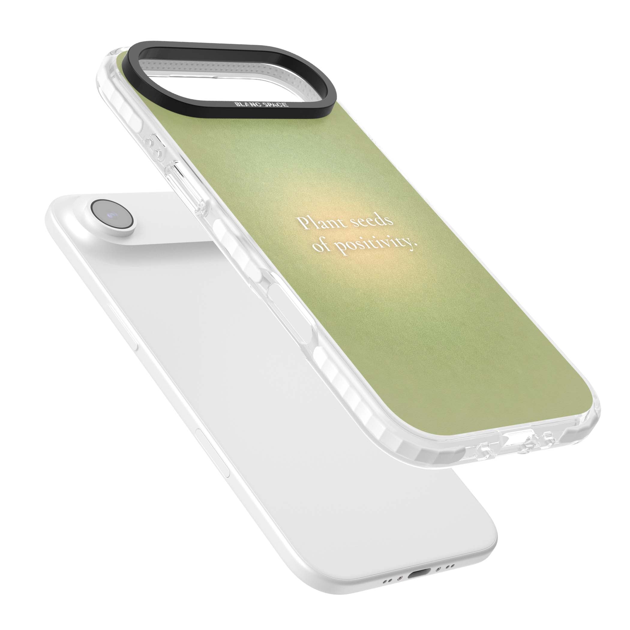Seeds of Positivity quote iPhone case featuring a sage green aura gradient and golden glow affirmation | Impact Magsafe case for iPhone Air