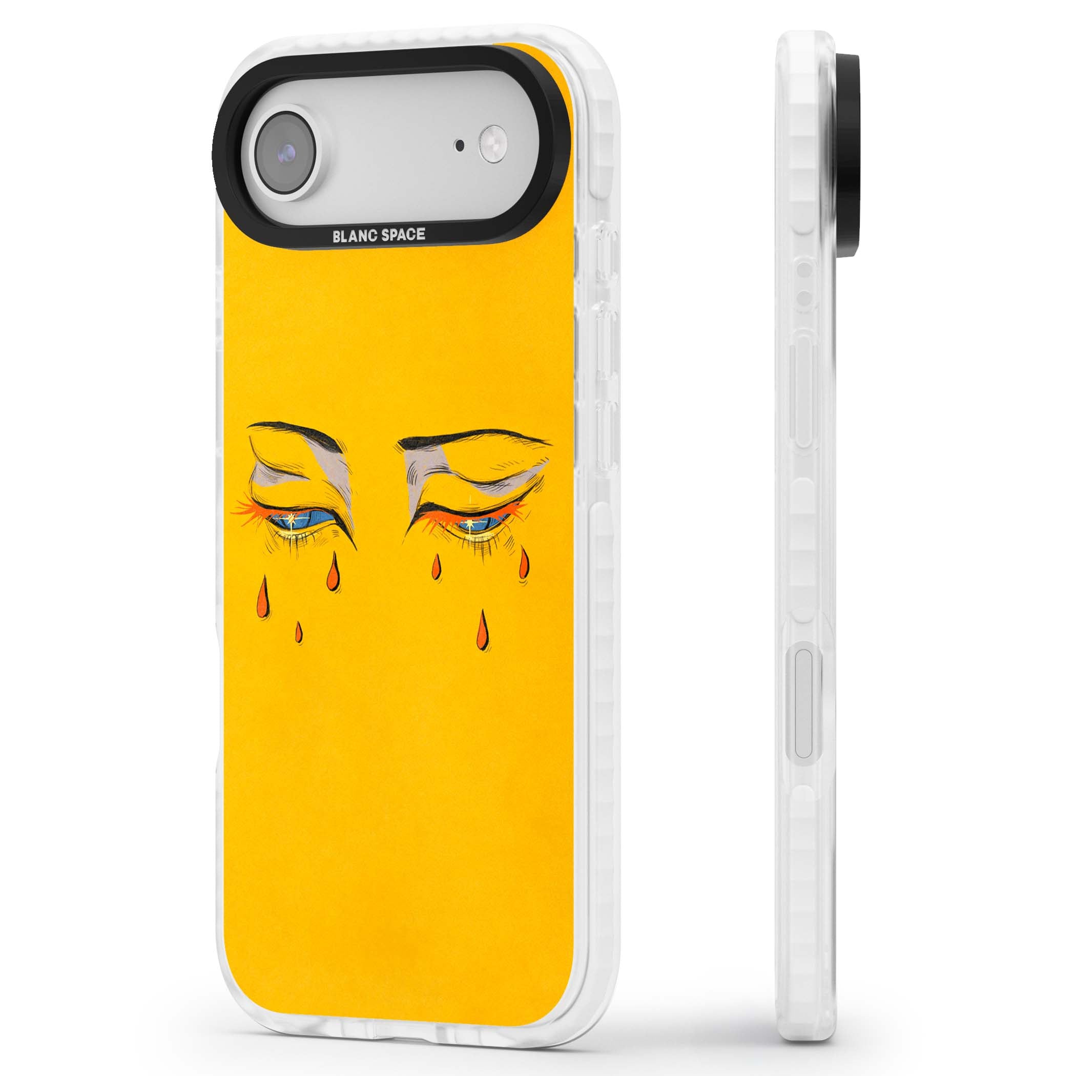 Yellow Tearful Eyes indie iPhone case featuring hand-drawn crying eyes with orange tears on a yellow background | Impact Magsafe case for iPhone Air