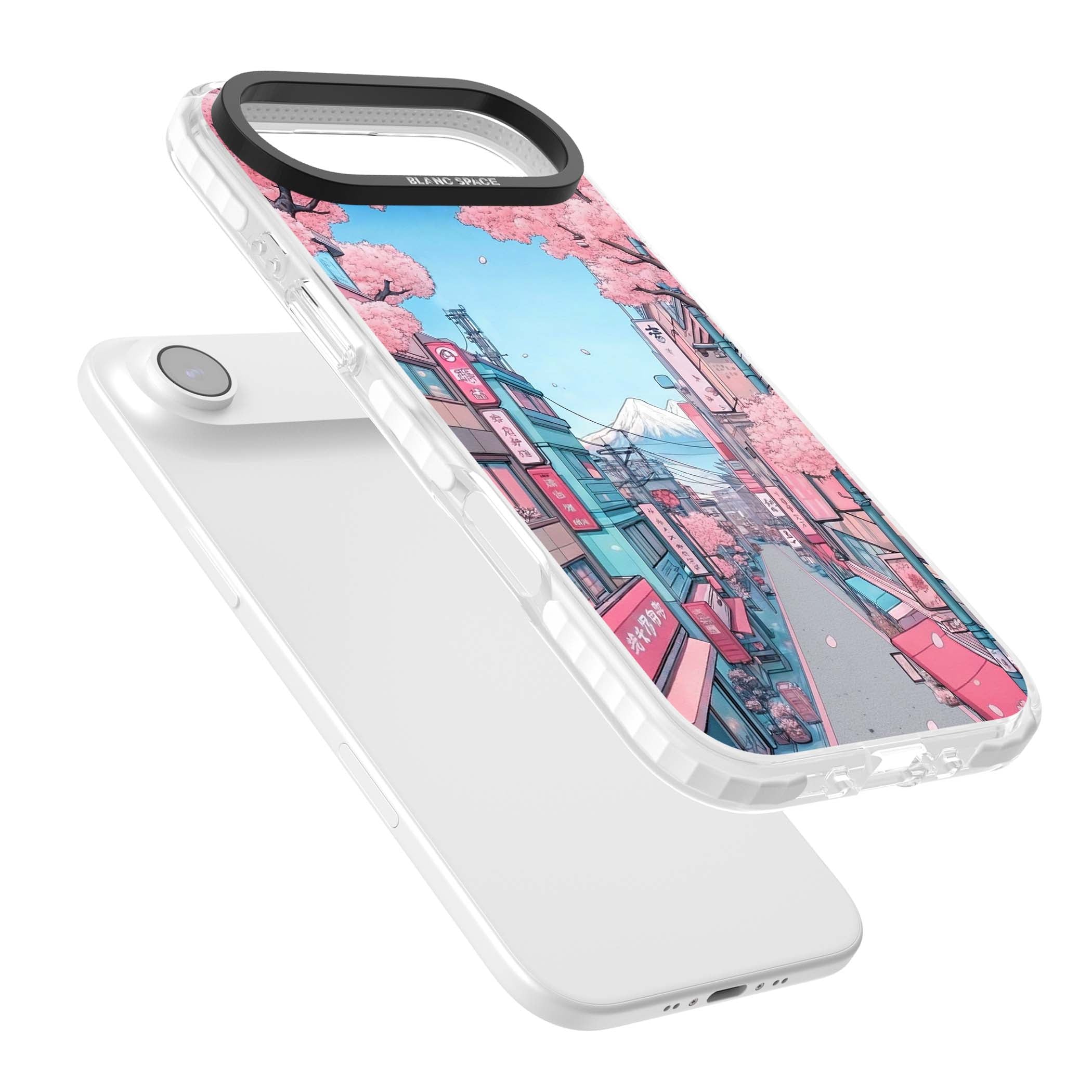 Sakura Lane anime iPhone case featuring Tokyo street scene with cherry blossoms and Mount Fuji | Impact Magsafe case for iPhone Air