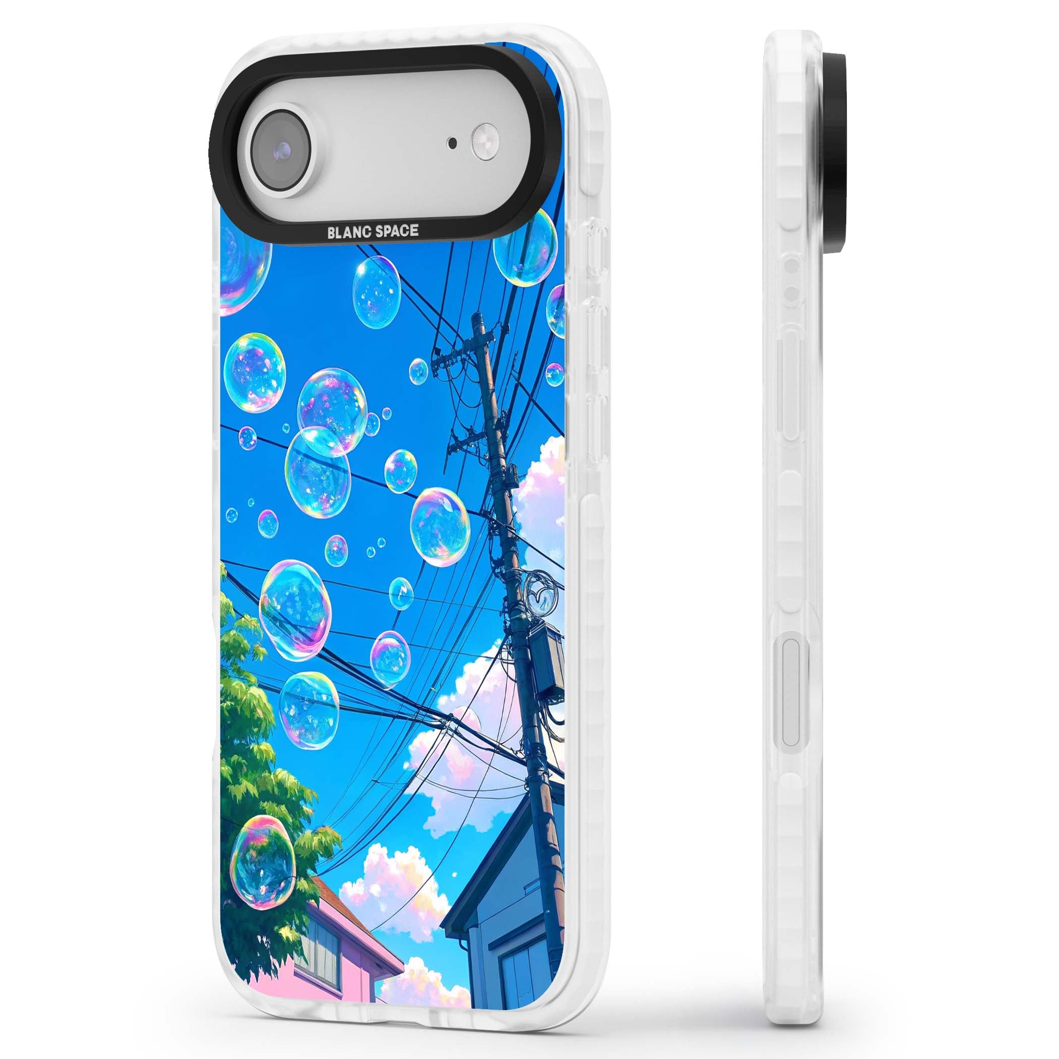 Suburban Bubbles anime iPhone case featuring iridescent soap bubbles, blue sky and Japanese telephone wires | Impact Magsafe case for iPhone Air
