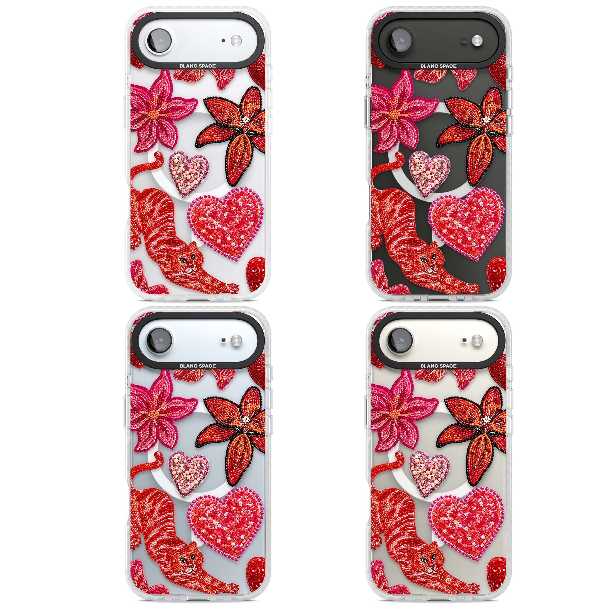 Beaded Boho floral iPhone case featuring beaded red lilies, a stitched tiger, and pearl-encrusted hearts on clear | Impact Magsafe case for iPhone Air