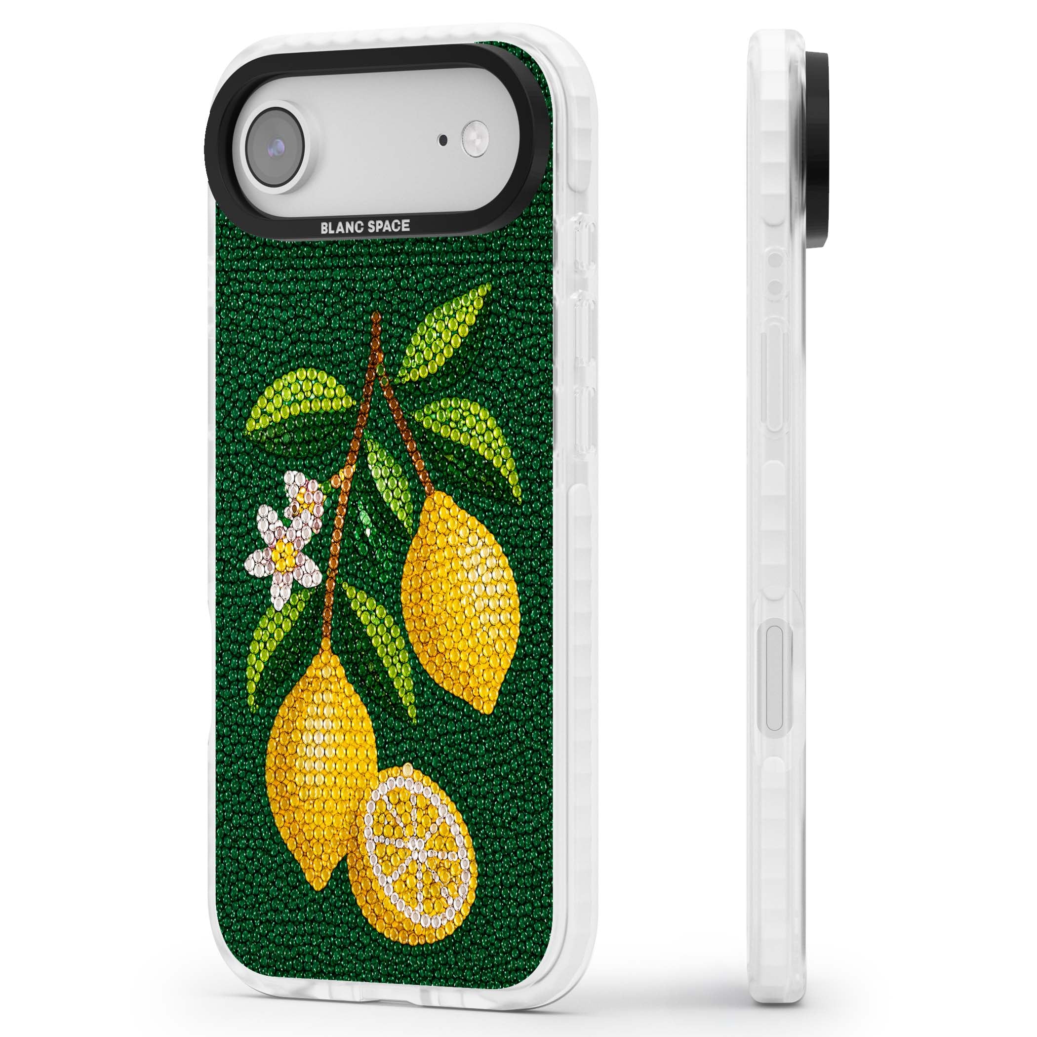 Beaded Lemons coastal iPhone case featuring crystal-beaded lemons, citrus blossom and green leaves on emerald ground | Impact Magsafe case for iPhone Air