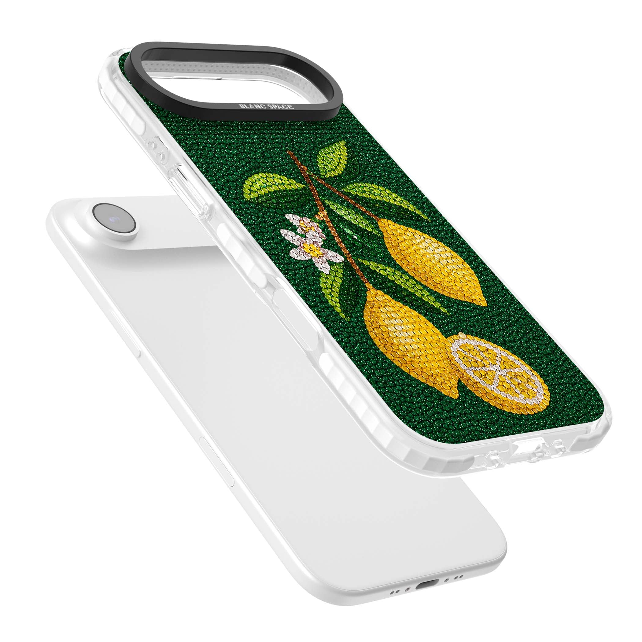Beaded Lemons coastal iPhone case featuring crystal-beaded lemons, citrus blossom and green leaves on emerald ground | Impact Magsafe case for iPhone Air