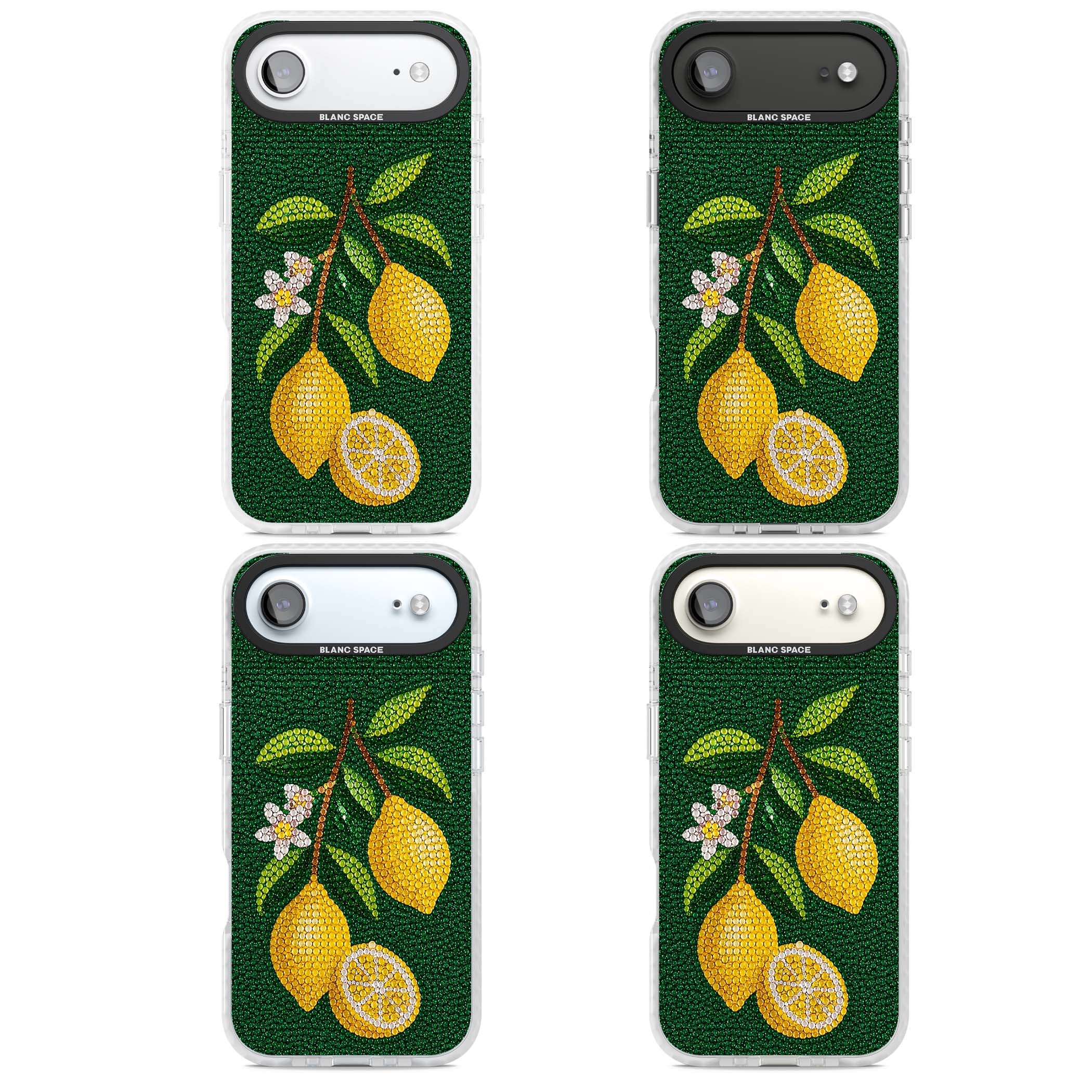 Beaded Lemons coastal iPhone case featuring crystal-beaded lemons, citrus blossom and green leaves on emerald ground | Impact Magsafe case for iPhone Air