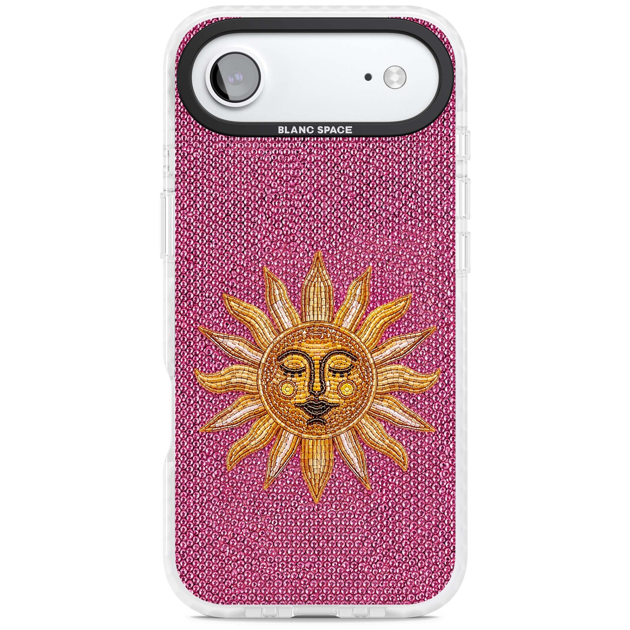 Beaded Sun celestial iPhone case featuring a golden beaded sun face with radiant rays on hot pink beaded background | Impact Magsafe case for iPhone Air