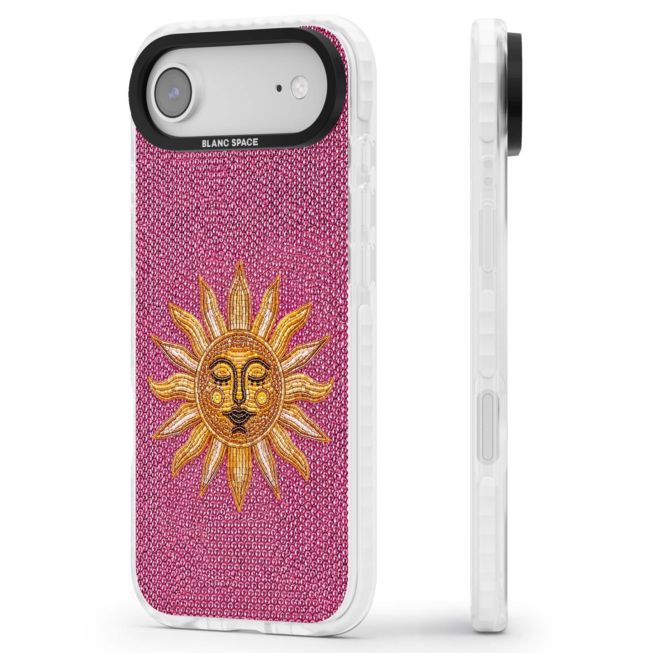 Beaded Sun celestial iPhone case featuring a golden beaded sun face with radiant rays on hot pink beaded background | Impact Magsafe case for iPhone Air