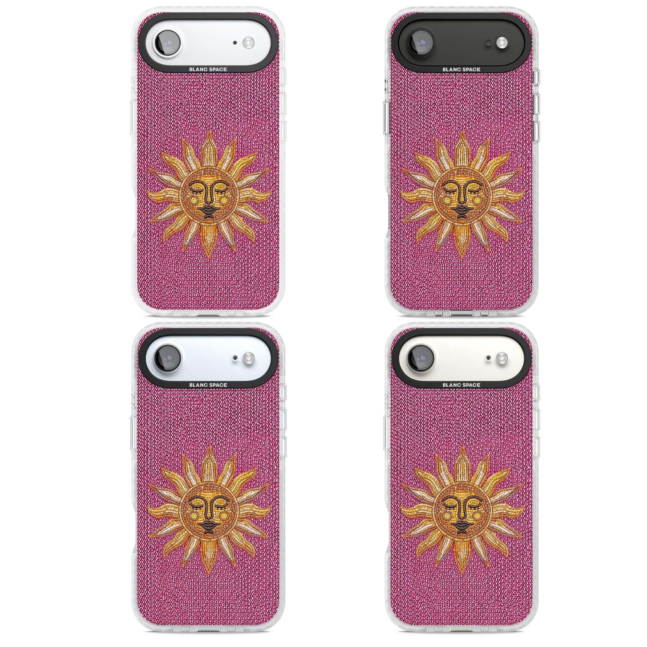 Beaded Sun celestial iPhone case featuring a golden beaded sun face with radiant rays on hot pink beaded background | Impact Magsafe case for iPhone Air