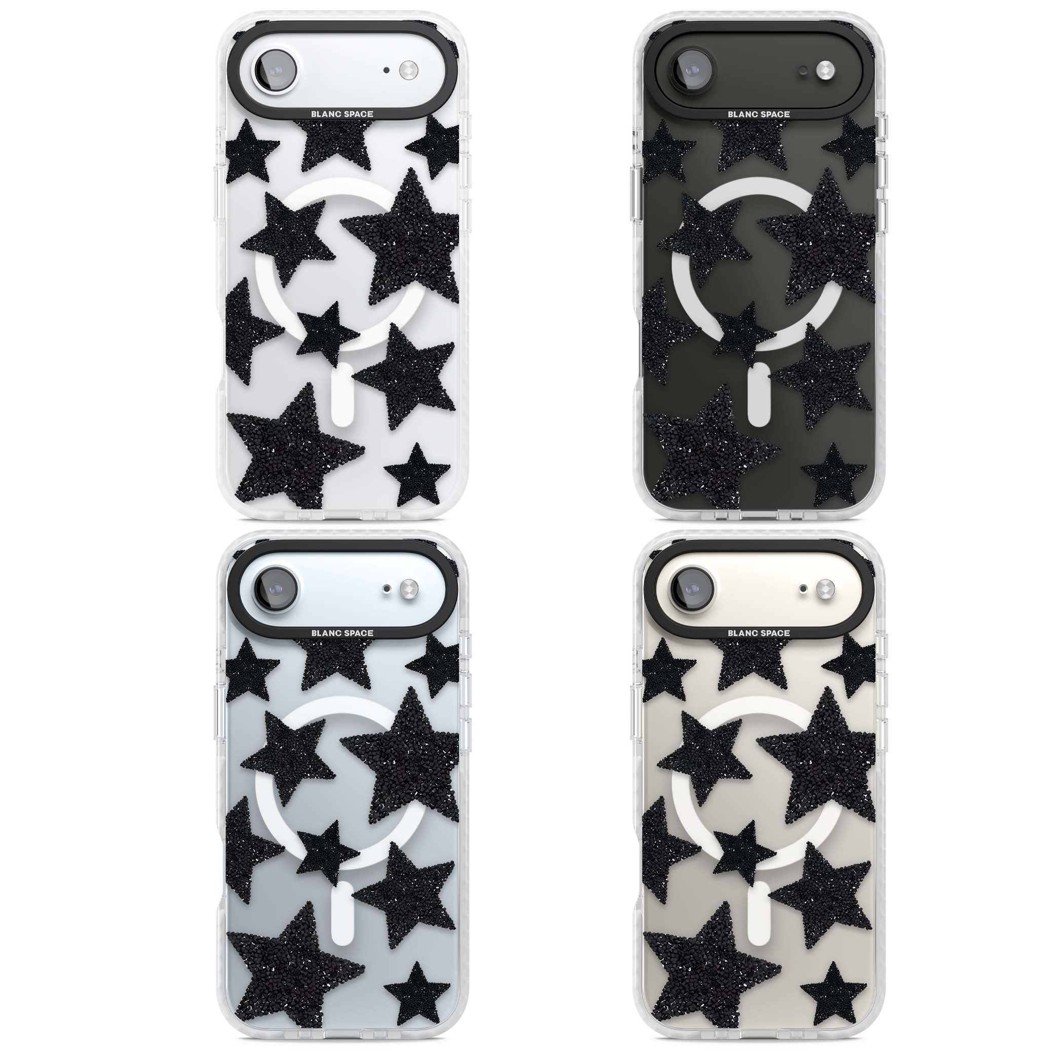 Beaded Black Stars celestial iPhone case featuring black glitter beaded stars scattered on a clear background | Impact Magsafe case for iPhone Air