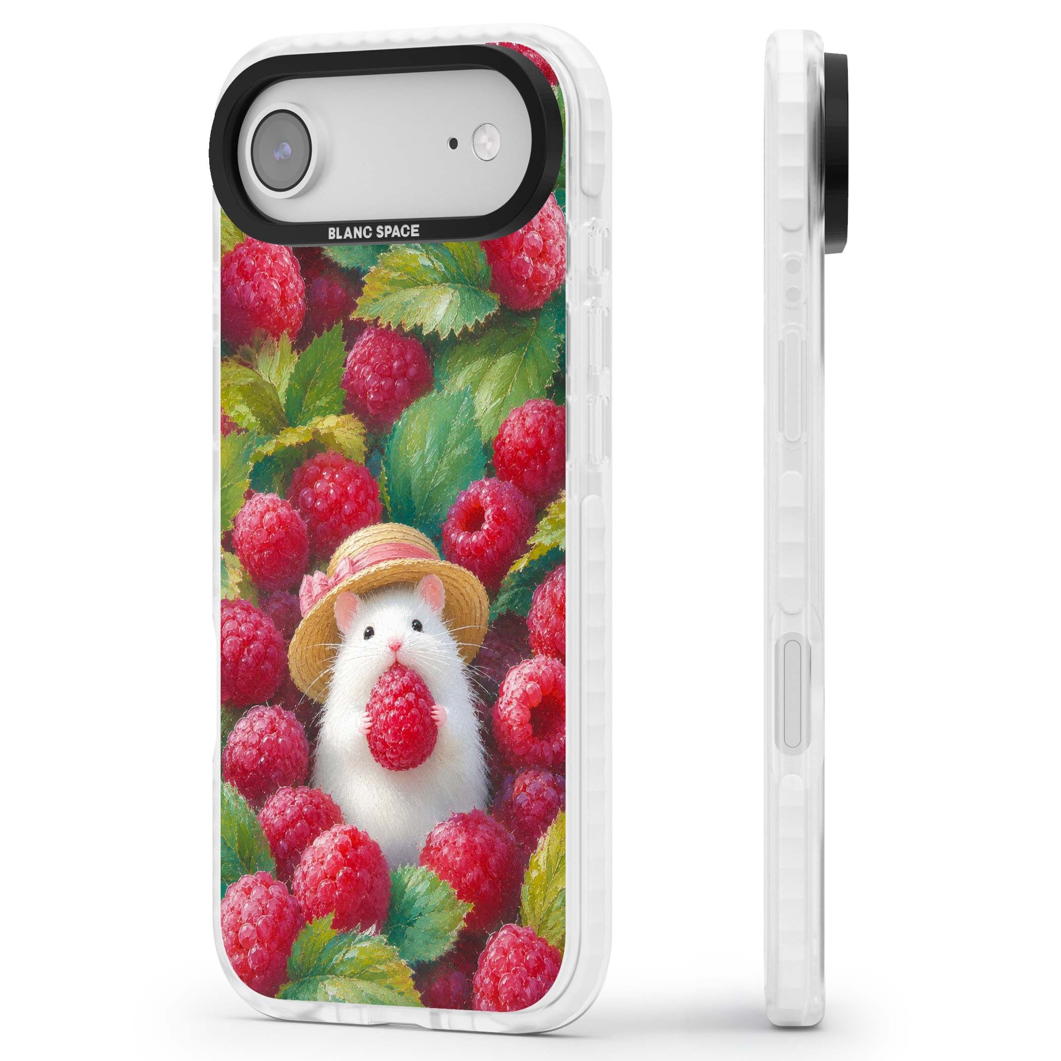 Berry Forager cottagecore iPhone case featuring a white hamster in a straw hat holding a raspberry surrounded by ripe ber | Impact Magsafe case for iPhone Air
