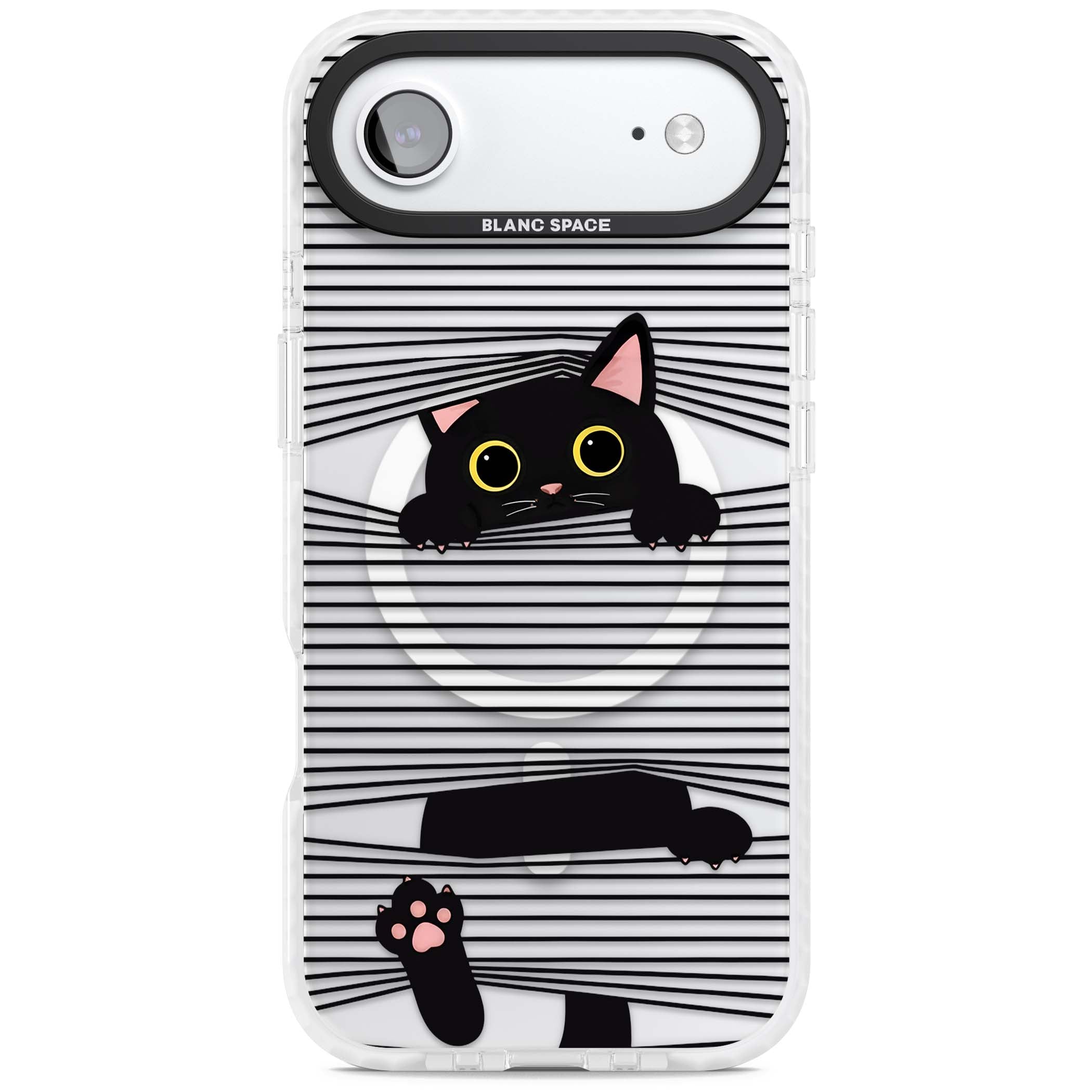 Peek-a-Boo Cat minimal iPhone case featuring black cat peeking through horizontal black and white stripes | Impact Magsafe case for iPhone Air
