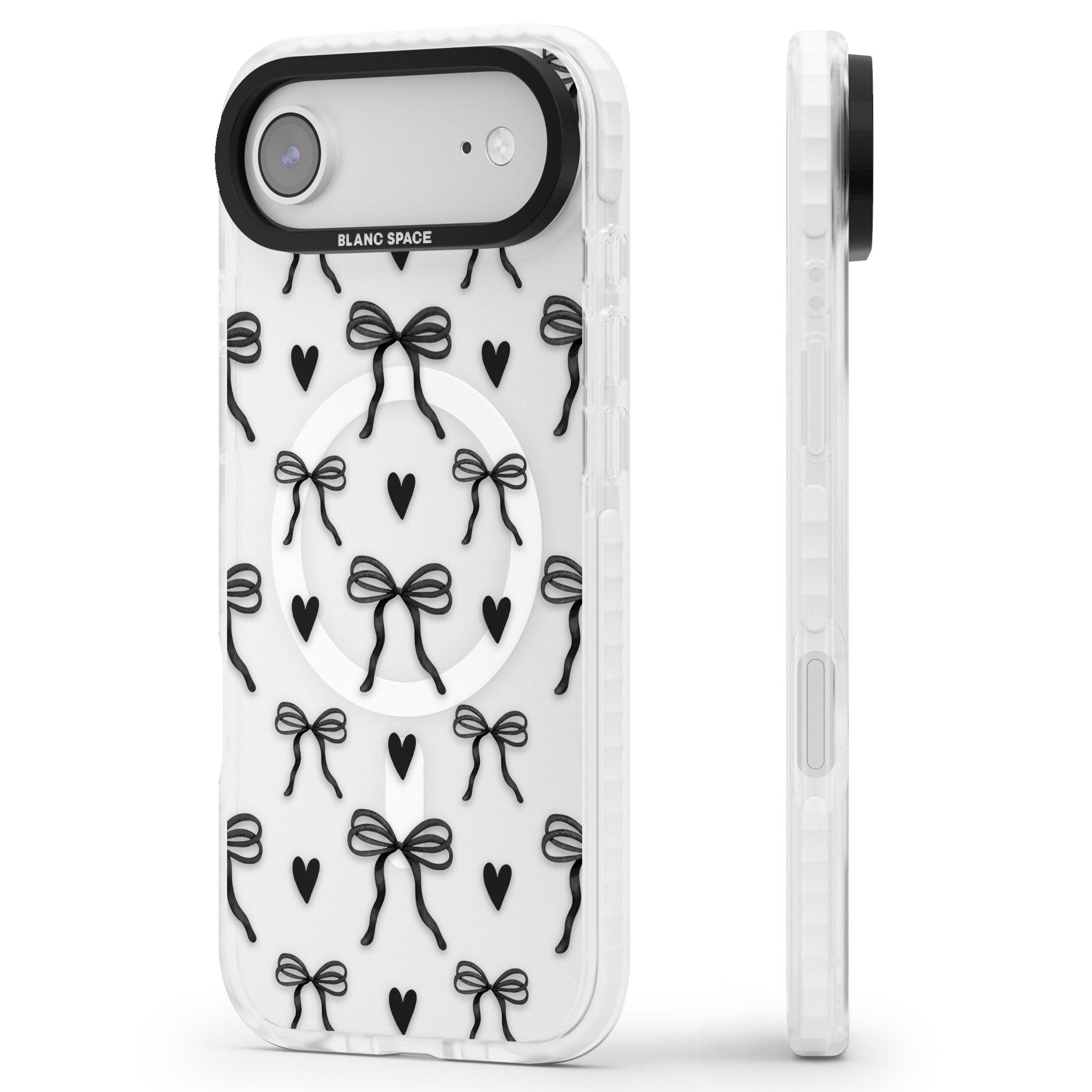 Black Bows & Hearts iPhone 17 Air Impact Pro Clear Phone Case Side Profile