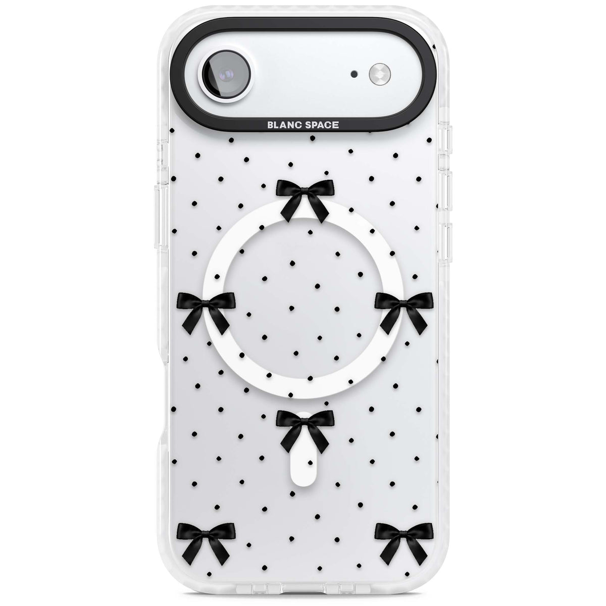 Black Polka Bows coquette iPhone case featuring scattered black satin bows and tiny polka dots on a clear base | Impact Magsafe case for iPhone Air