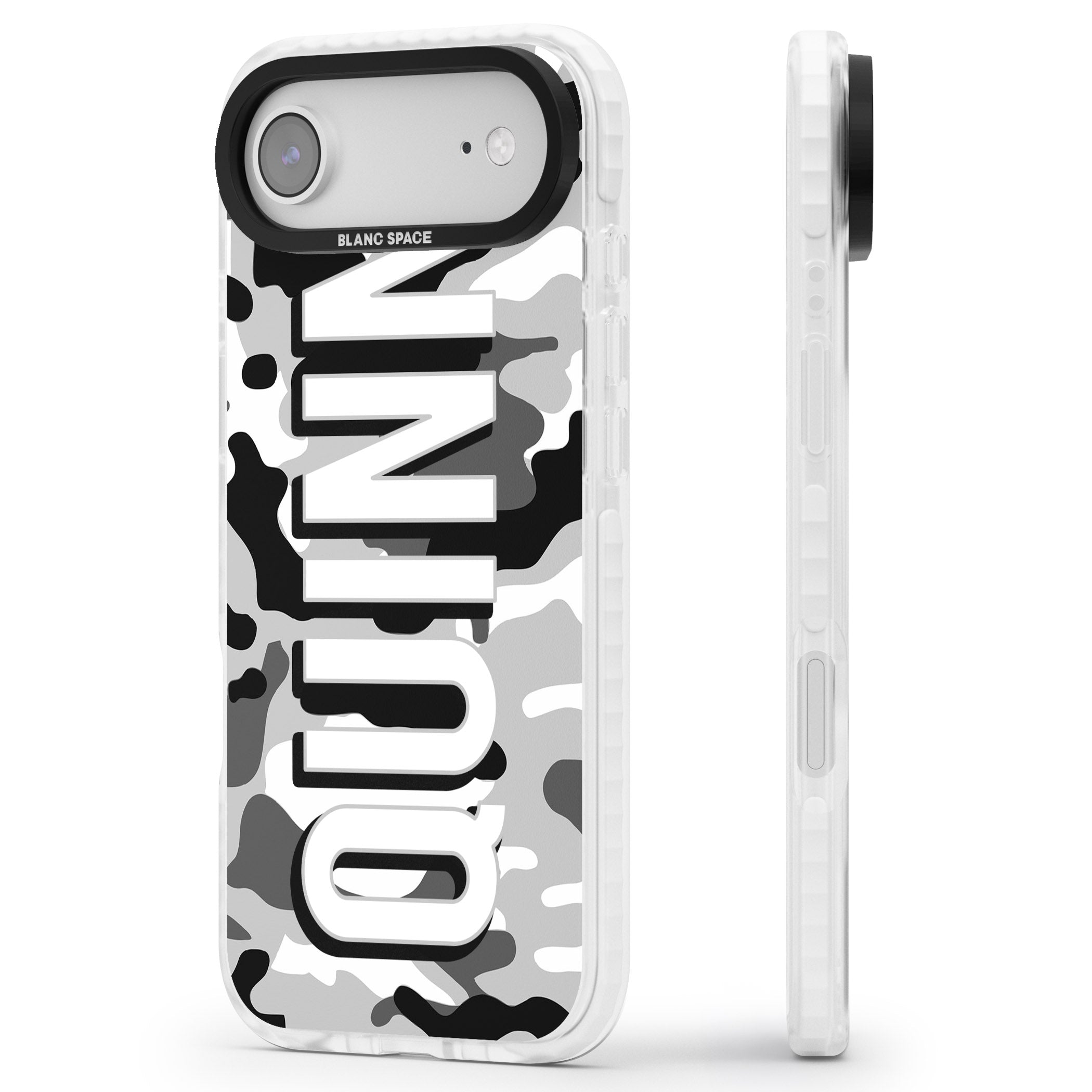 Personalised Greyscale Camo iPhone 17 Air Impact Pro Clear Phone Case Side Profile