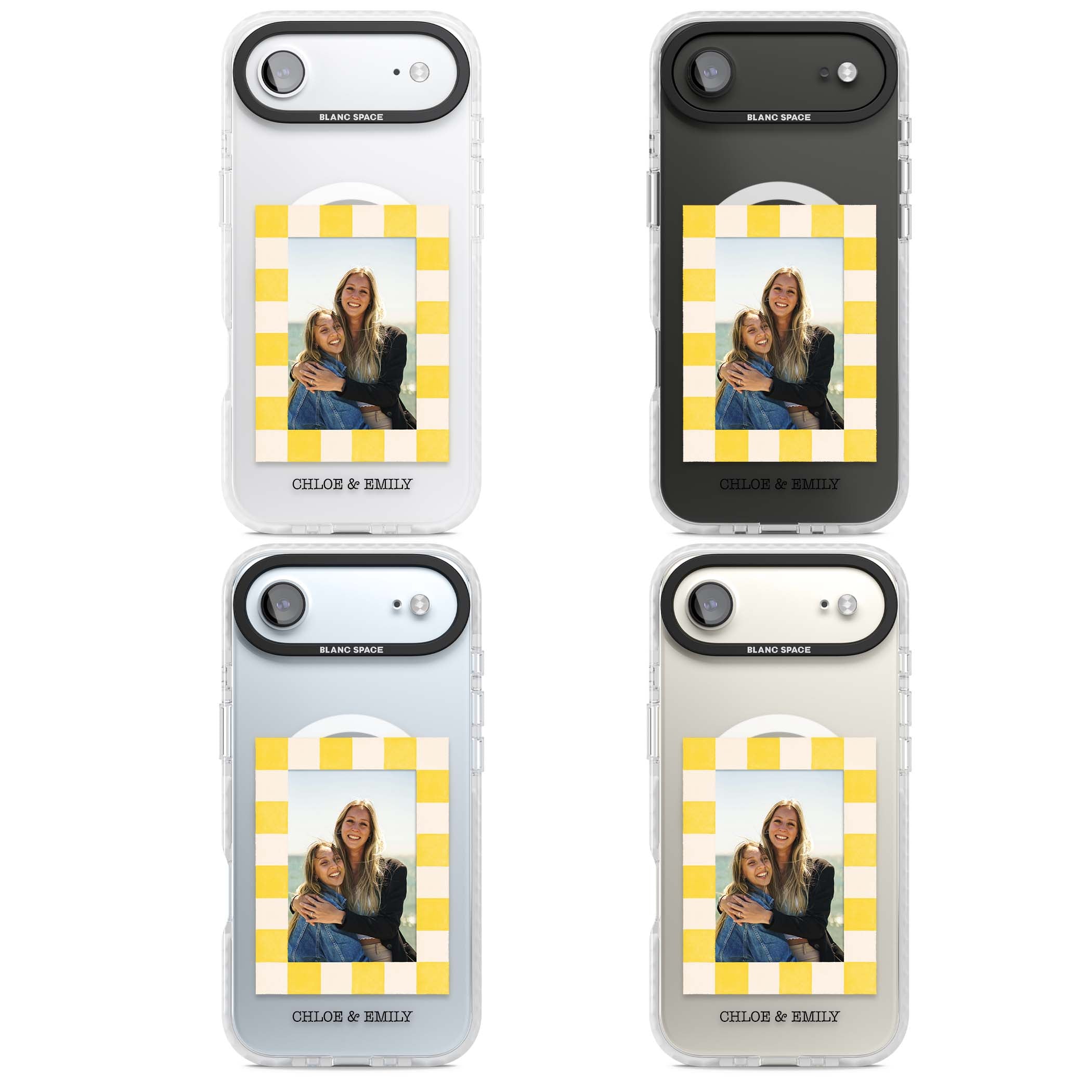 Yellow Check Photo personalised iPhone case with yellow checkered Polaroid frame and custom names beneath | Impact Magsafe case for iPhone Air