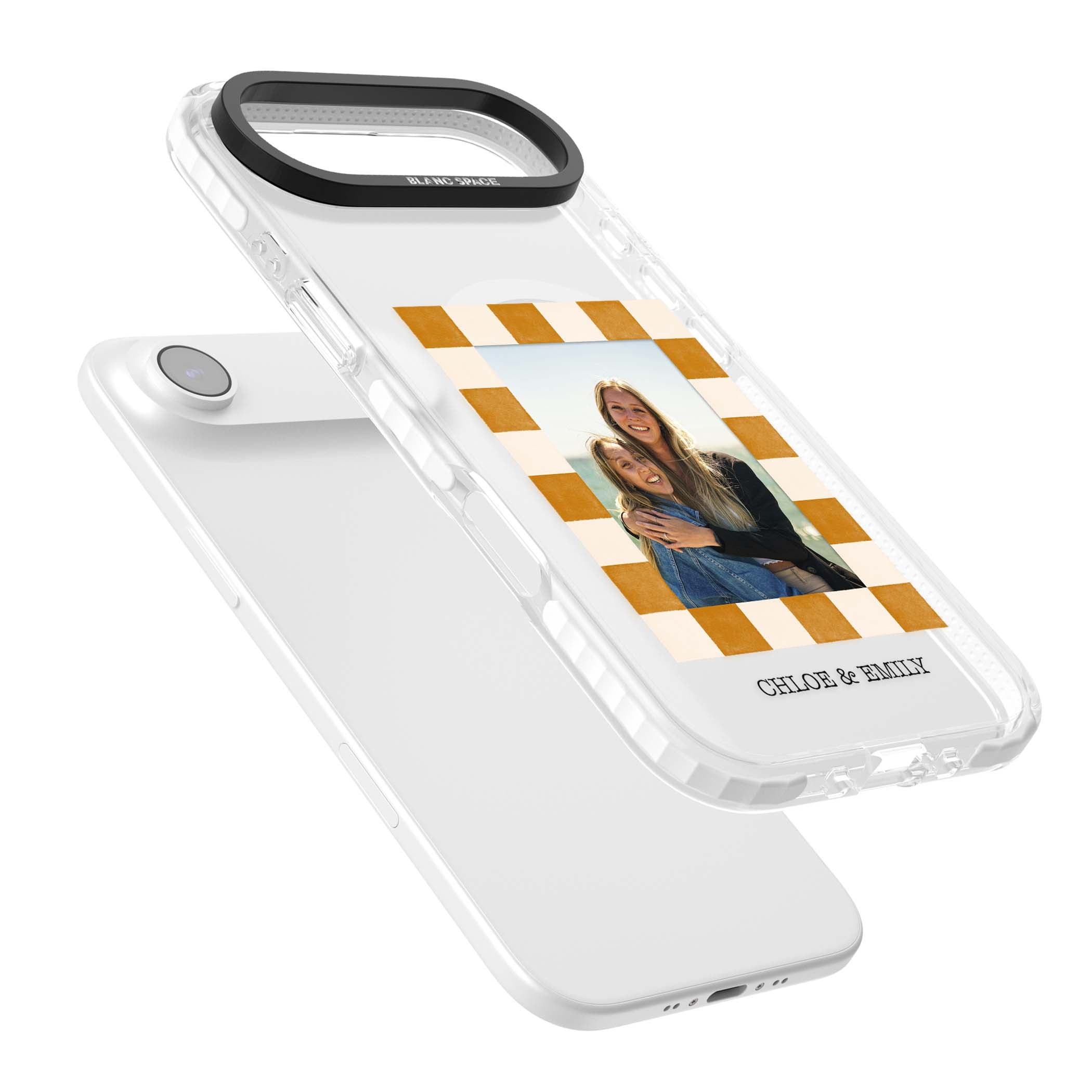 Citrus Check Photo personalised iPhone case with custom photo, orange checkered frame and names underneath | Impact Magsafe case for iPhone Air