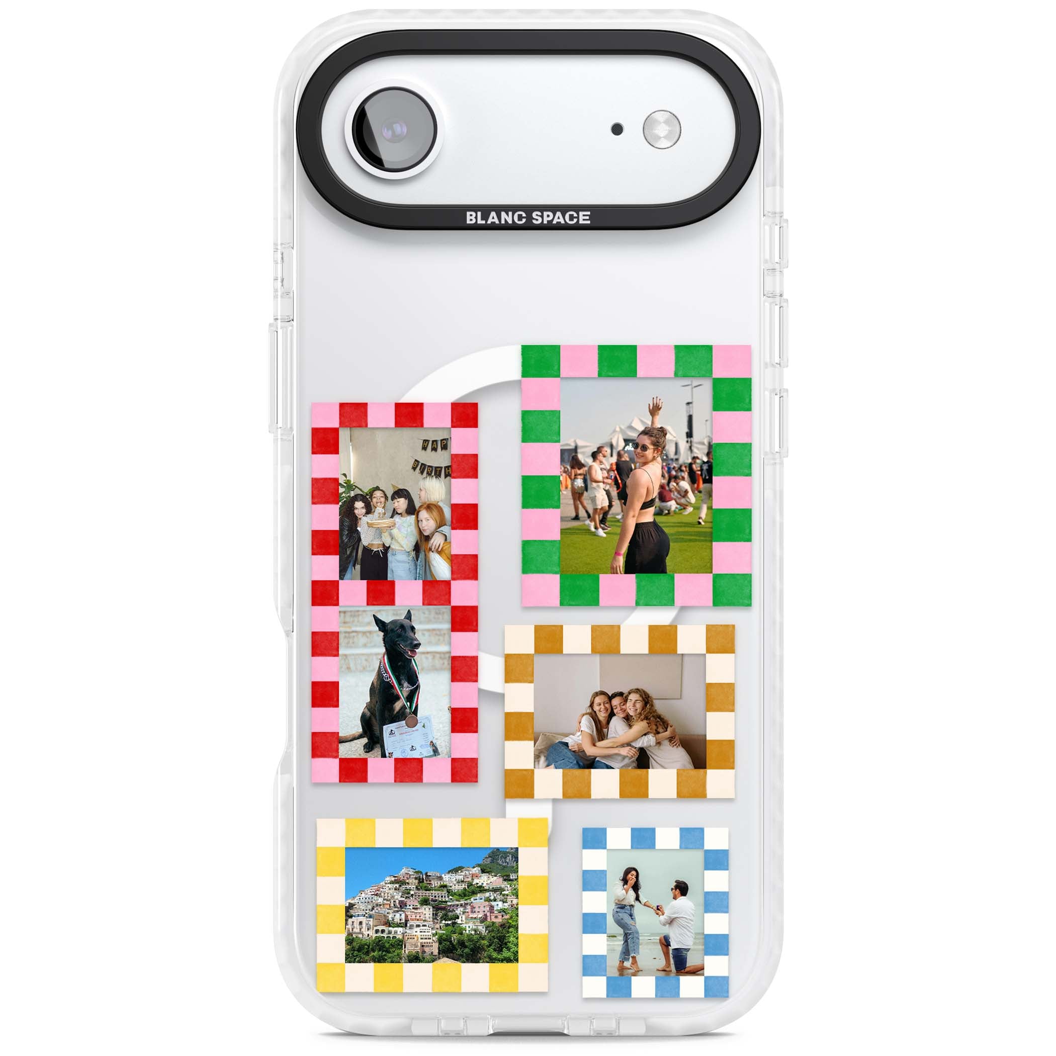 Italian Check Frames custom photo collage iPhone case featuring six checkered photo frames in red, green, pink and  | Impact Magsafe case for iPhone Air
