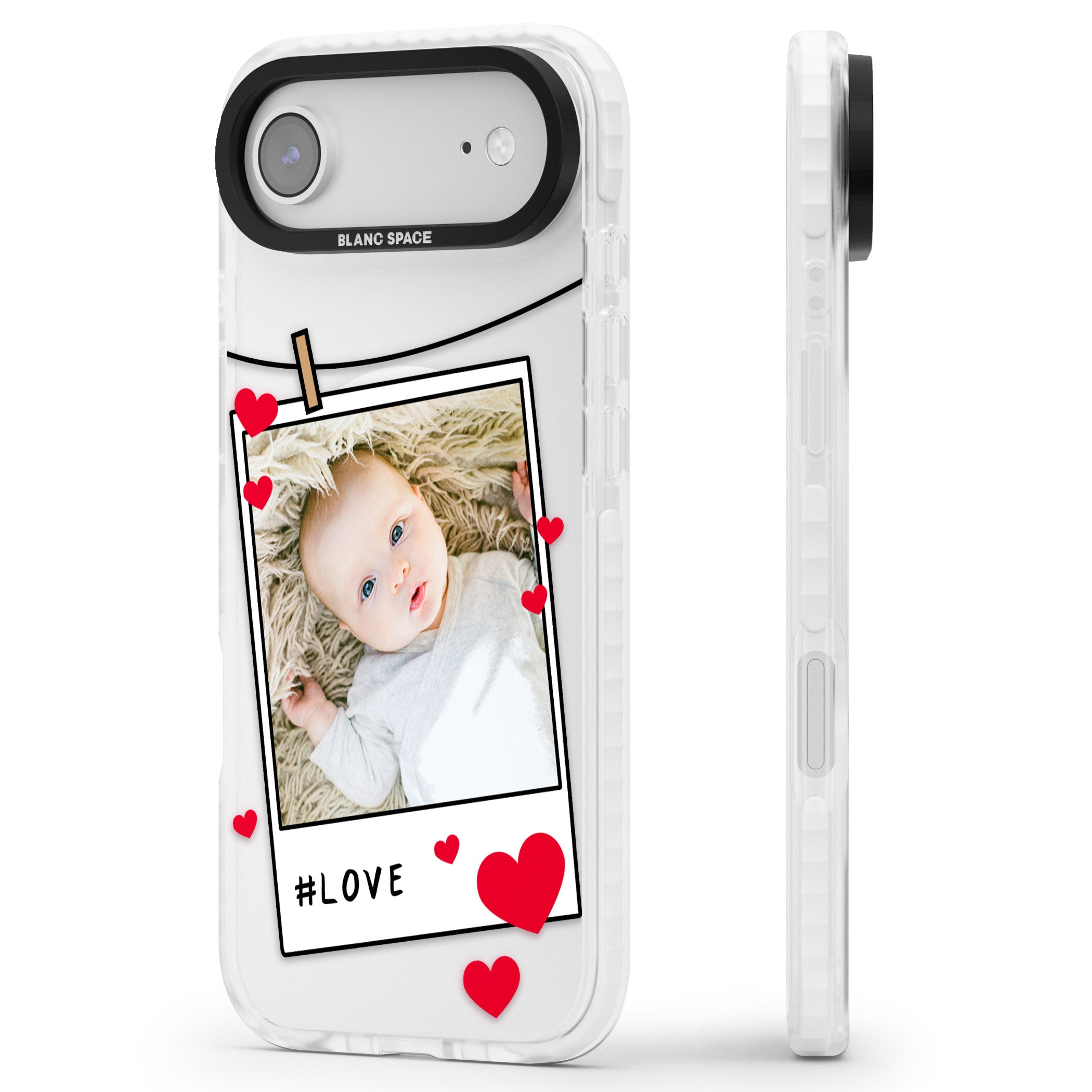 Personalised Paperclip & Hearts Instant Camera Photo iPhone 17 Air Impact Pro Clear Phone Case Side Profile