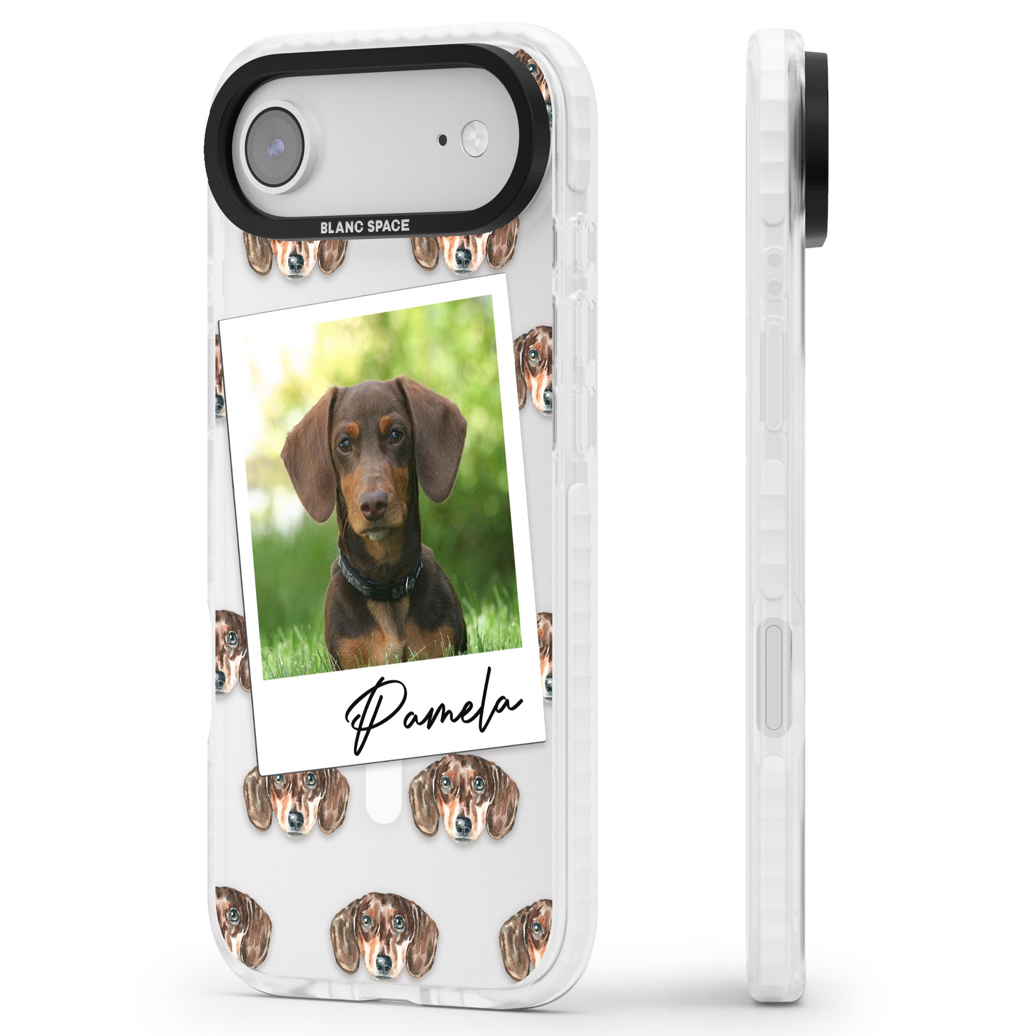Personalised Brown Dachshund Instant Camera Photo iPhone 17 Air Impact Pro Clear Phone Case Side Profile