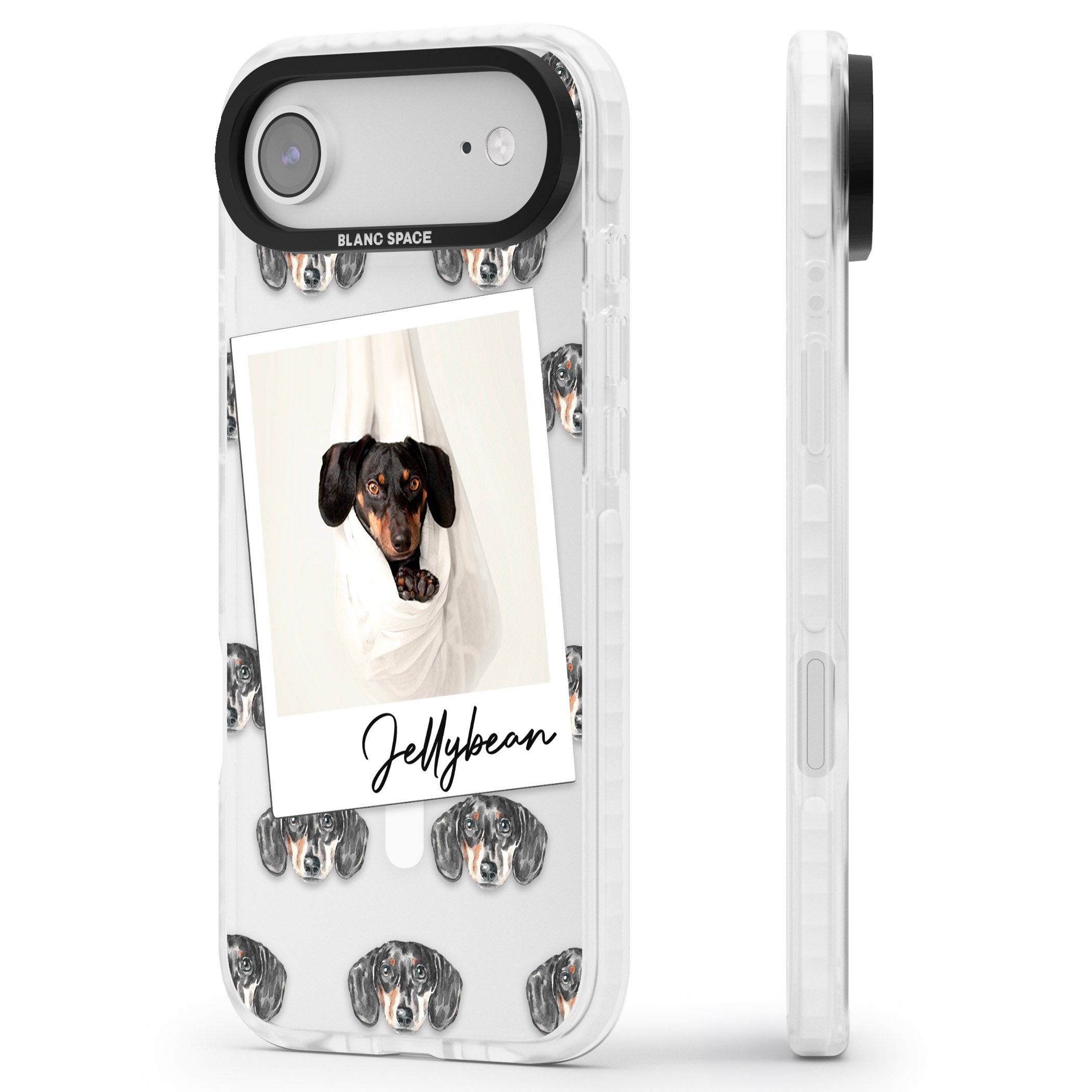 Personalised Black Dachshund Instant Camera Photo iPhone 17 Air Impact Pro Clear Phone Case Side Profile