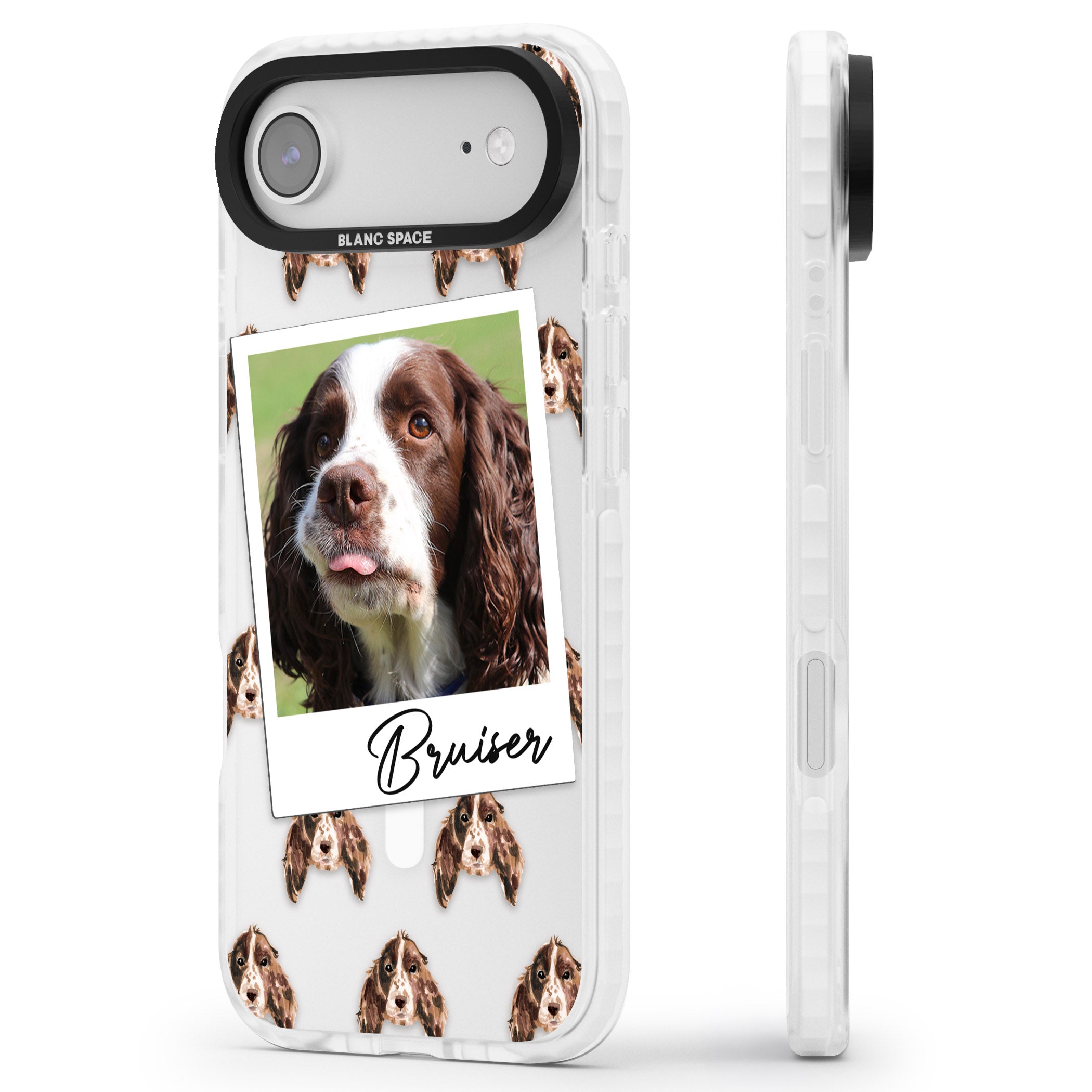 Personalised Springer Spaniel Instant Camera Photo iPhone 17 Air Impact Pro Clear Phone Case Side Profile