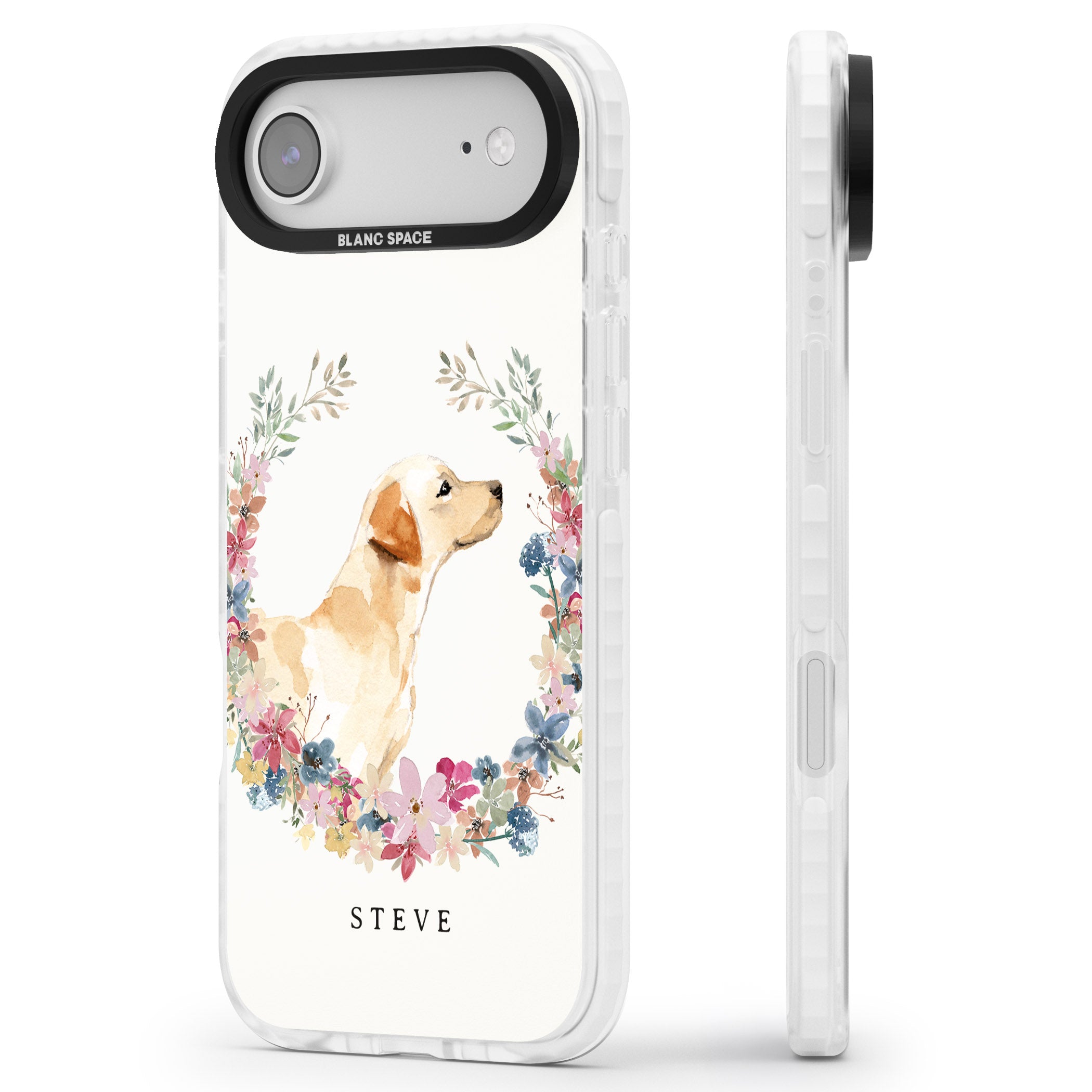 Personalised Yellow Labrador Floral Portrait iPhone 17 Air Impact Pro Clear Phone Case Side Profile