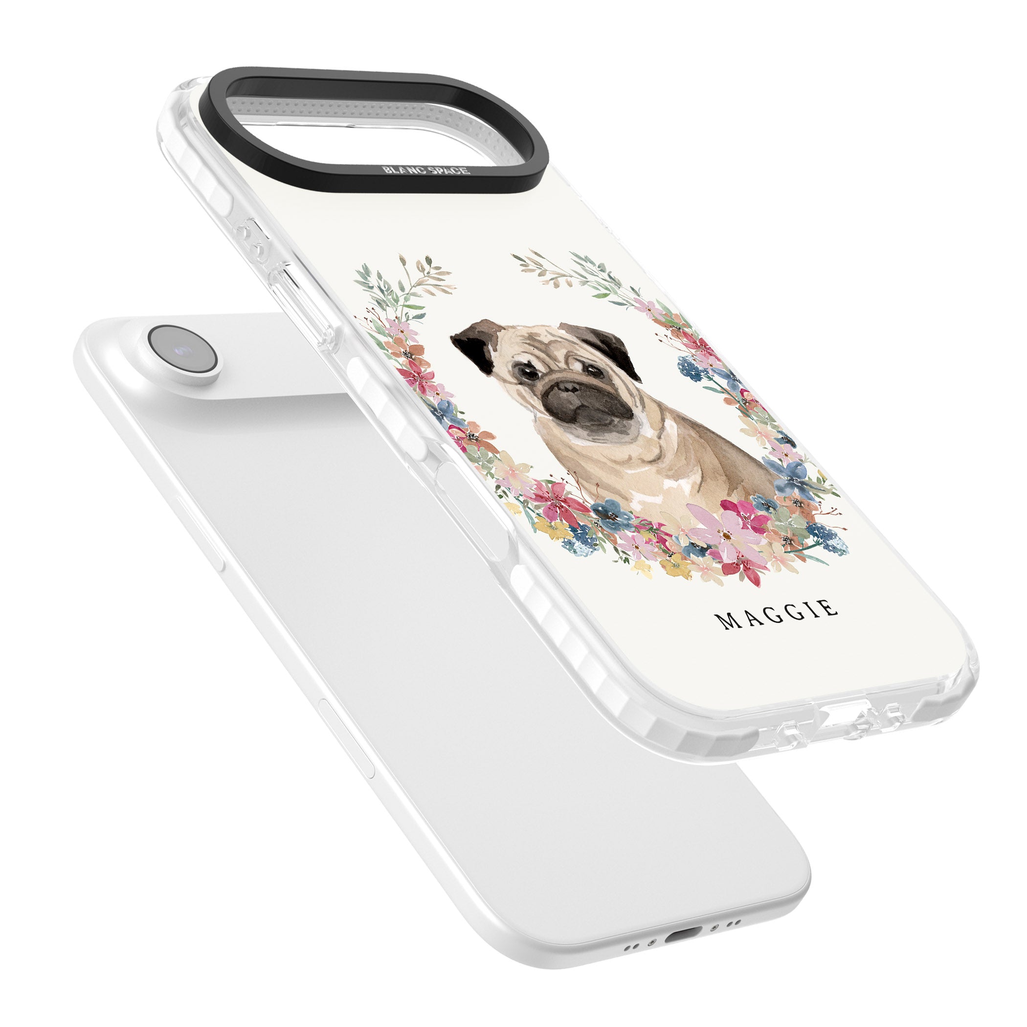 Personalised Pug Floral Portrait iPhone 17 Air Impact Pro Clear Phone Case Colours