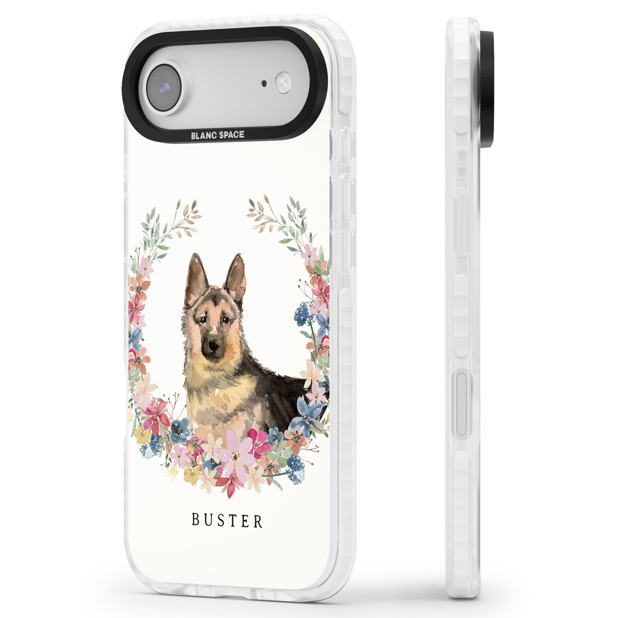 Personalised German Shepherd Floral Portrait iPhone 17 Air Impact Pro Clear Phone Case Side Profile