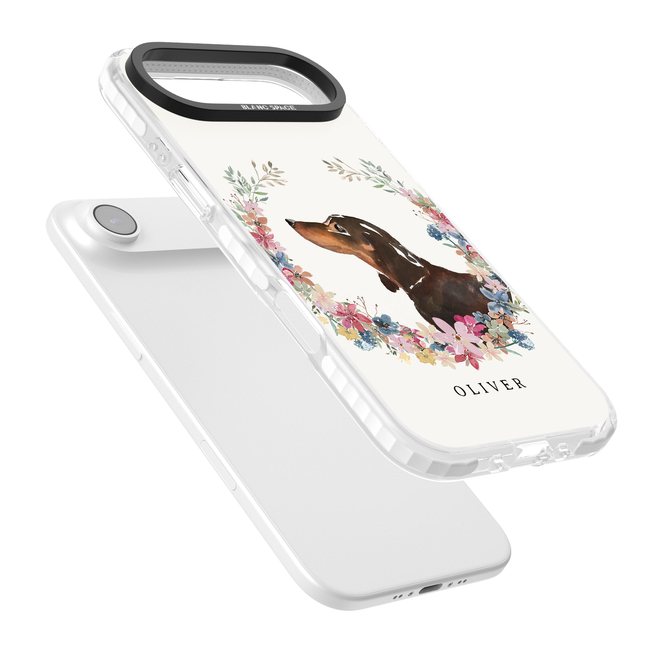 Personalised Black & Tan Dachshund Floral Portrait iPhone 17 Air Impact Pro Clear Phone Case Colours