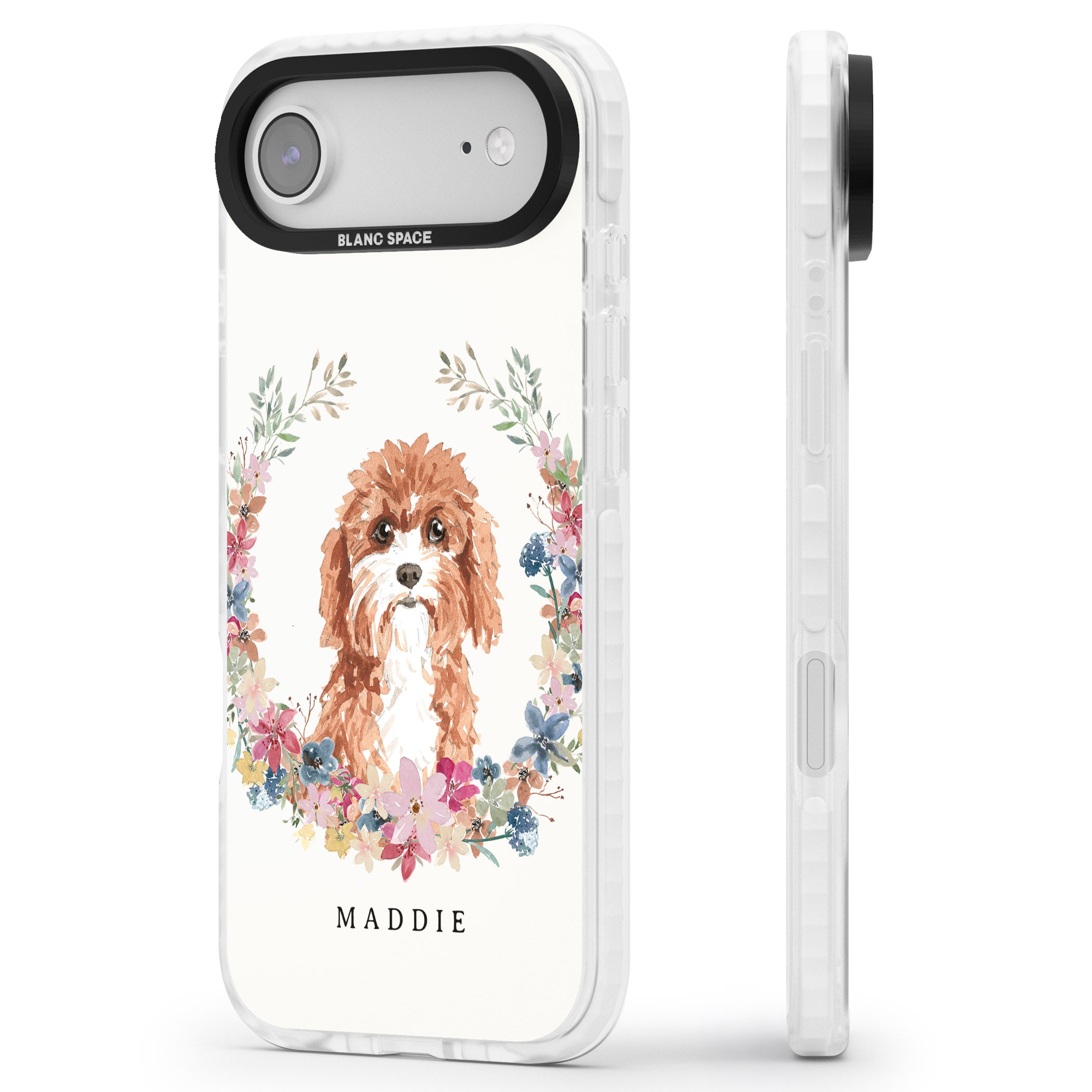 Personalised Cavapoo Floral Portrait iPhone 17 Air Impact Pro Clear Phone Case Side Profile